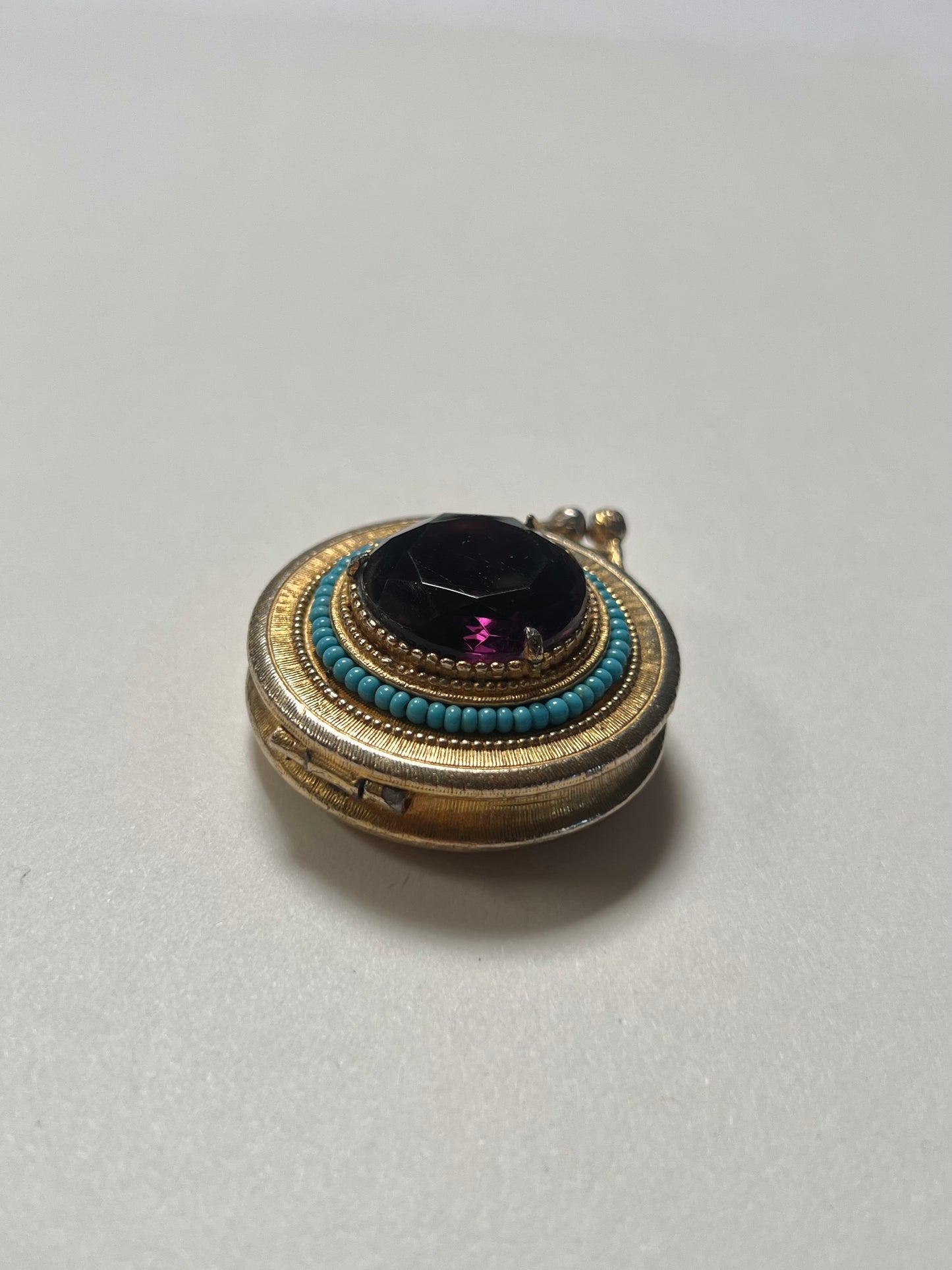 Vintage Trinket Box - Hinged Brass Pill Box - Round - Large Purple Faceted Stone - Turquoise Beads - Forenza