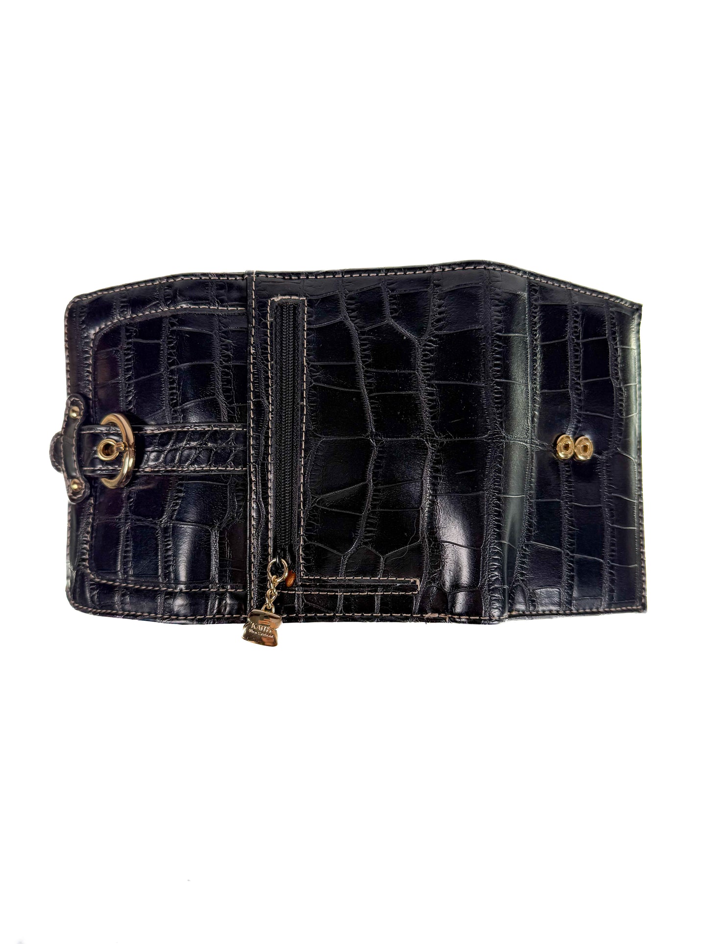Vintage Wallet - Black Faux Alligator - Kathy Van Zeeland Tri-Fold
