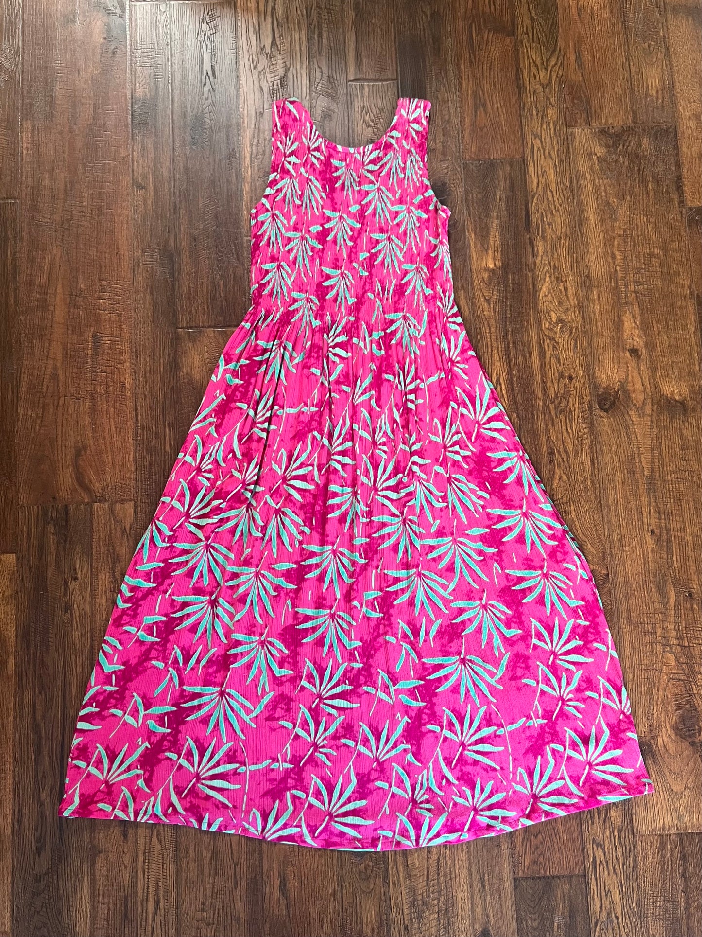 Vintage Clothing - Sleeveless Maxi Sun Dress - Hot Pink - Teal Tropical Leaves - Medium - Anthony Richards