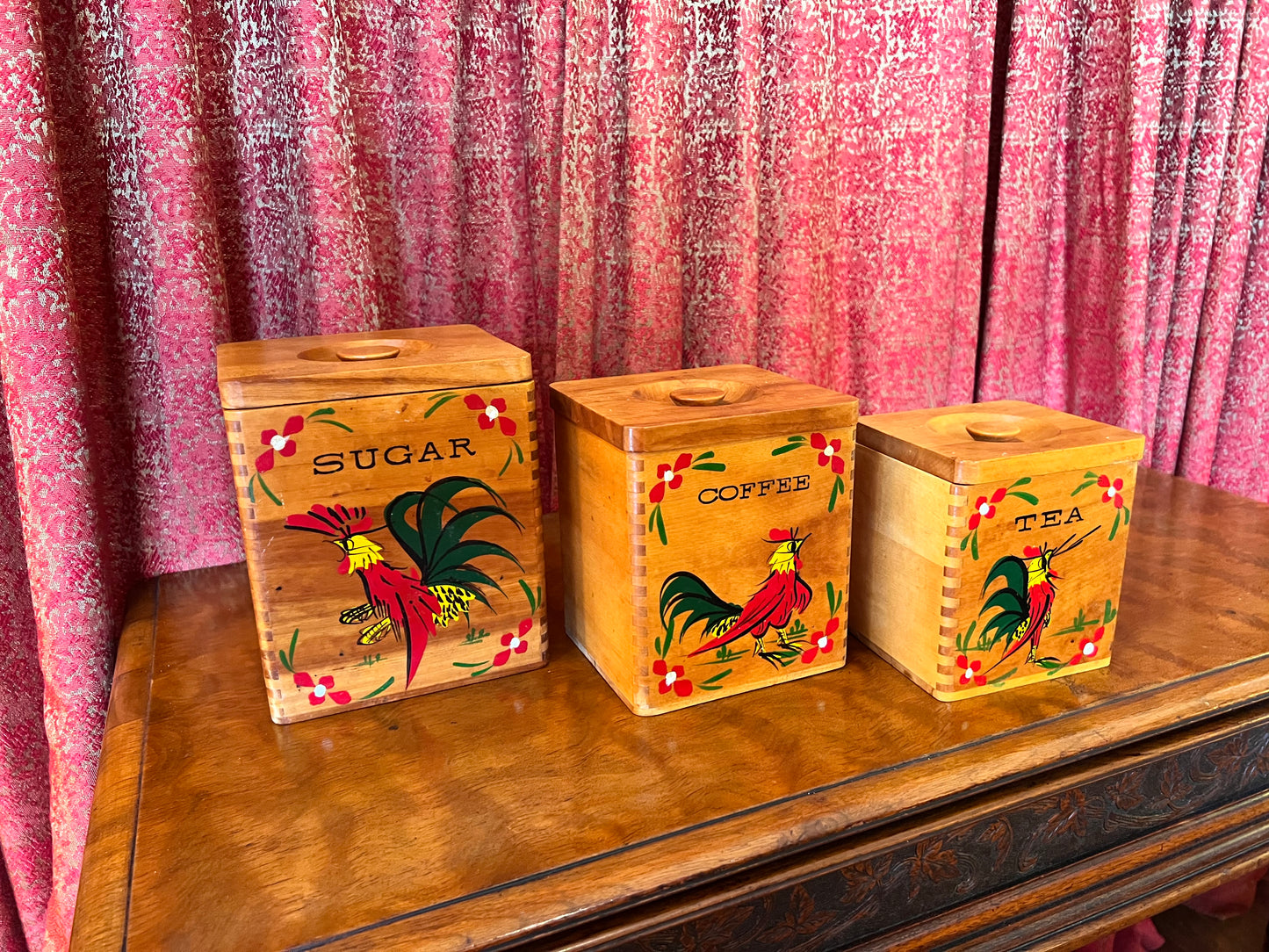 Vintage Kitchen - 1950s Wooden Rooster Canister Set - Coffee Sugar Tea