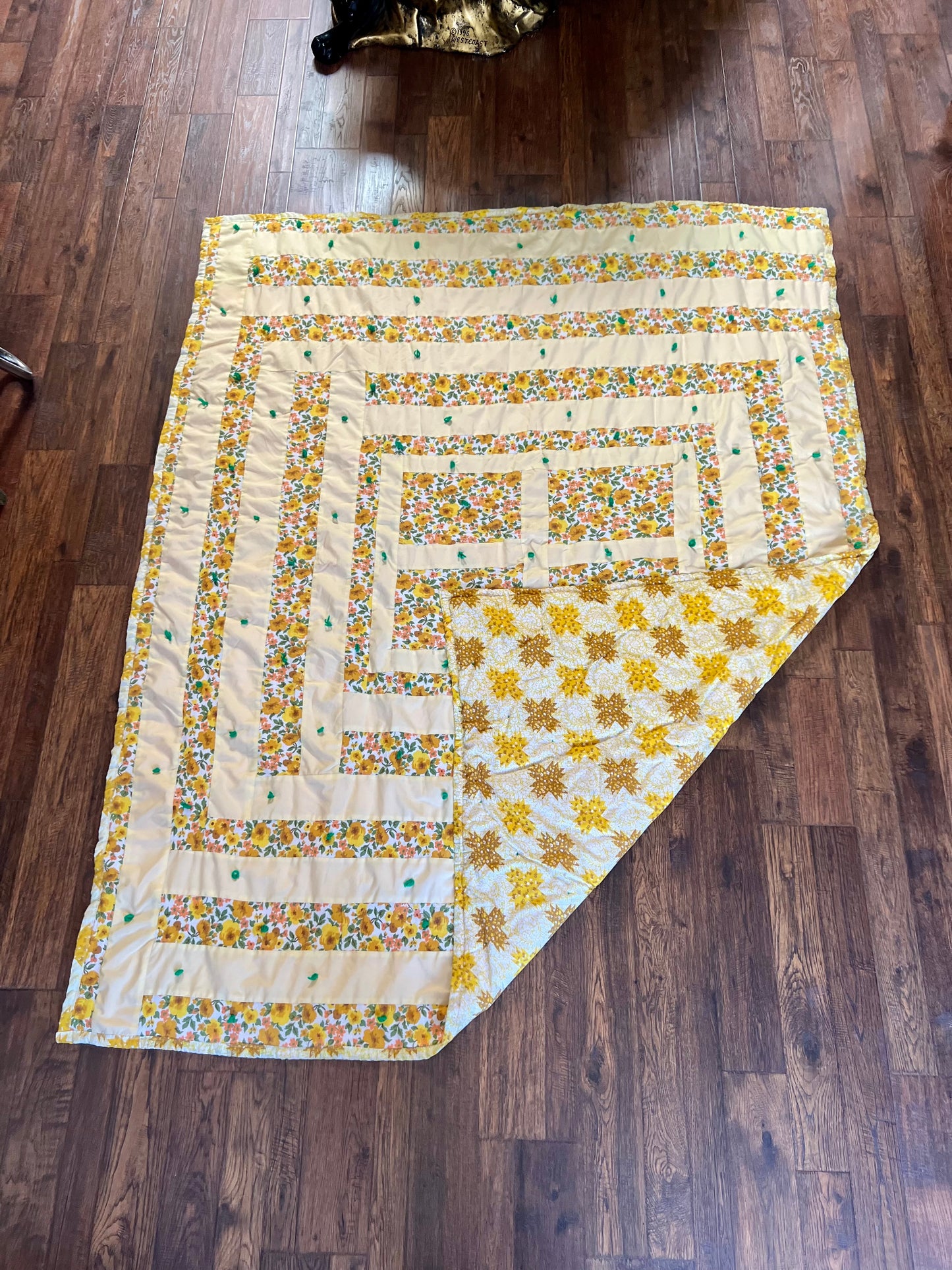 Vintage Linens - Handmade Quilt - Buttercream Yellow - Groovy Floral Patchwork - Double Sided - 81” X 67.5”