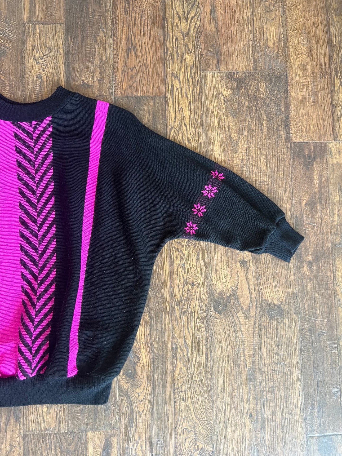 Vintage Clothing - 1980s Sweater - Hot Pink and Black - R Knit - Medium - Made In England