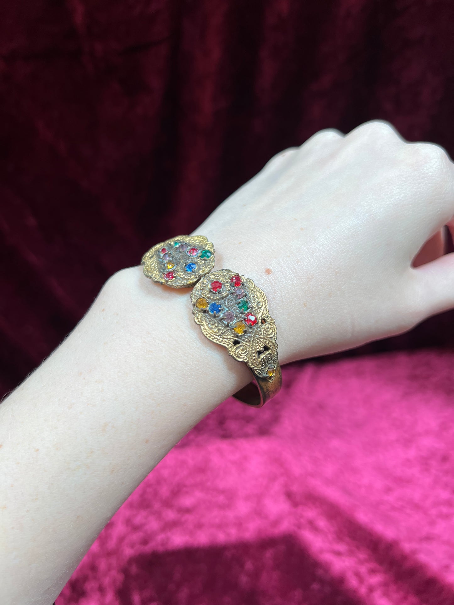 Vintage Jewelry - Hinged Bangle Bracelet - Multicolor Rhinestones in Ornate Brass Setting