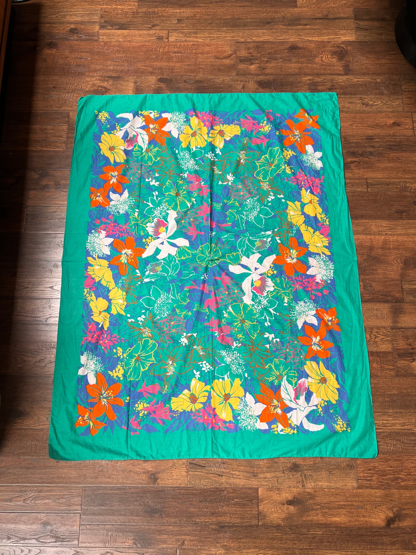 Vintage Clothing - Sarong - Tropical Florals on Sea Foam Green - 60” X 47”