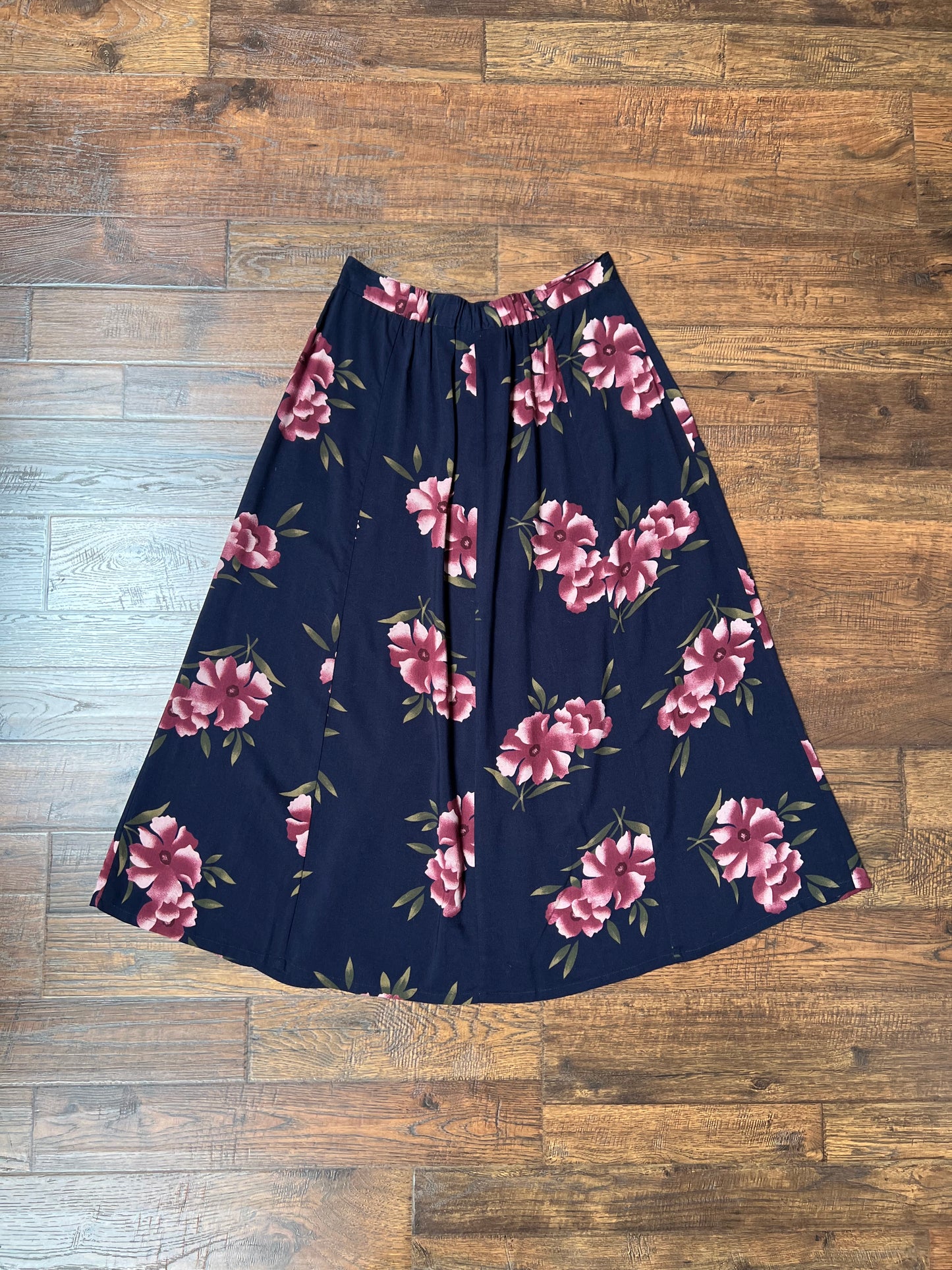 Vintage Clothing - Button Front Maxi Skirt - Purple Florals on Navy Blue - Medium - Sag Harbor