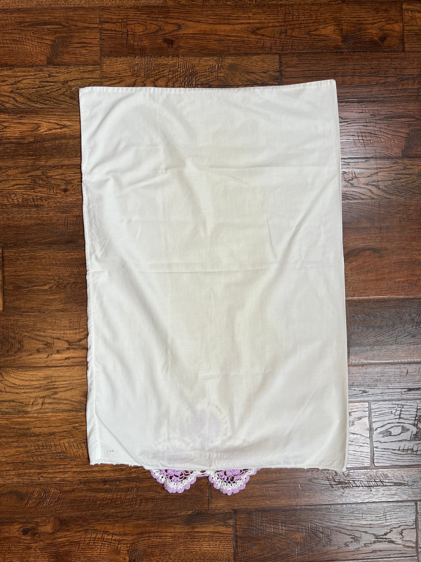 Vintage Linens - Pair of Embroidered Pillowcases - Purple Crochet Doilies