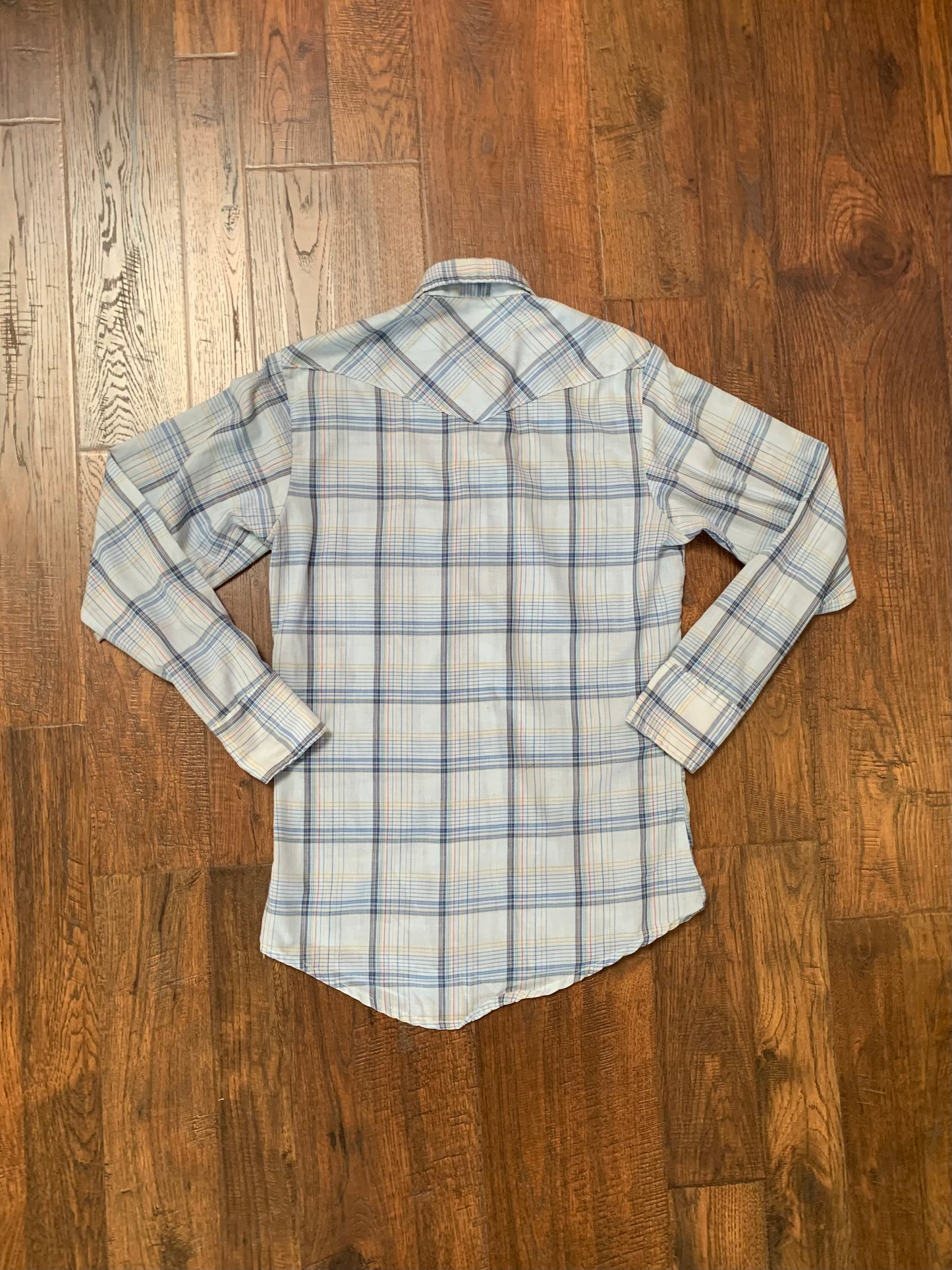 Vintage 1970s Mr. Leggs Pearl Snap Button Up Shirt - Light Blue Plaid - Small - Made In USA