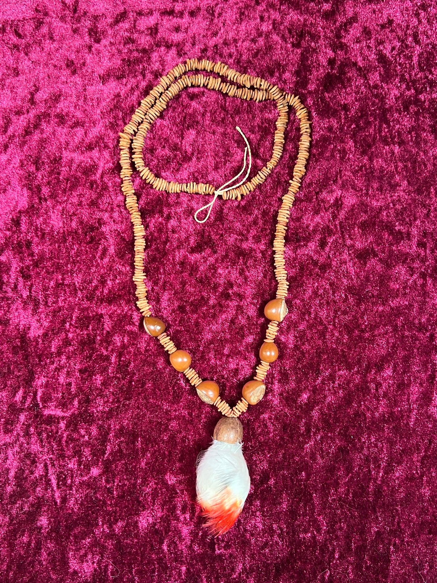 Vintage Jewelry - Necklace - Beaded Seeds - Feather Pendant - 14.5”