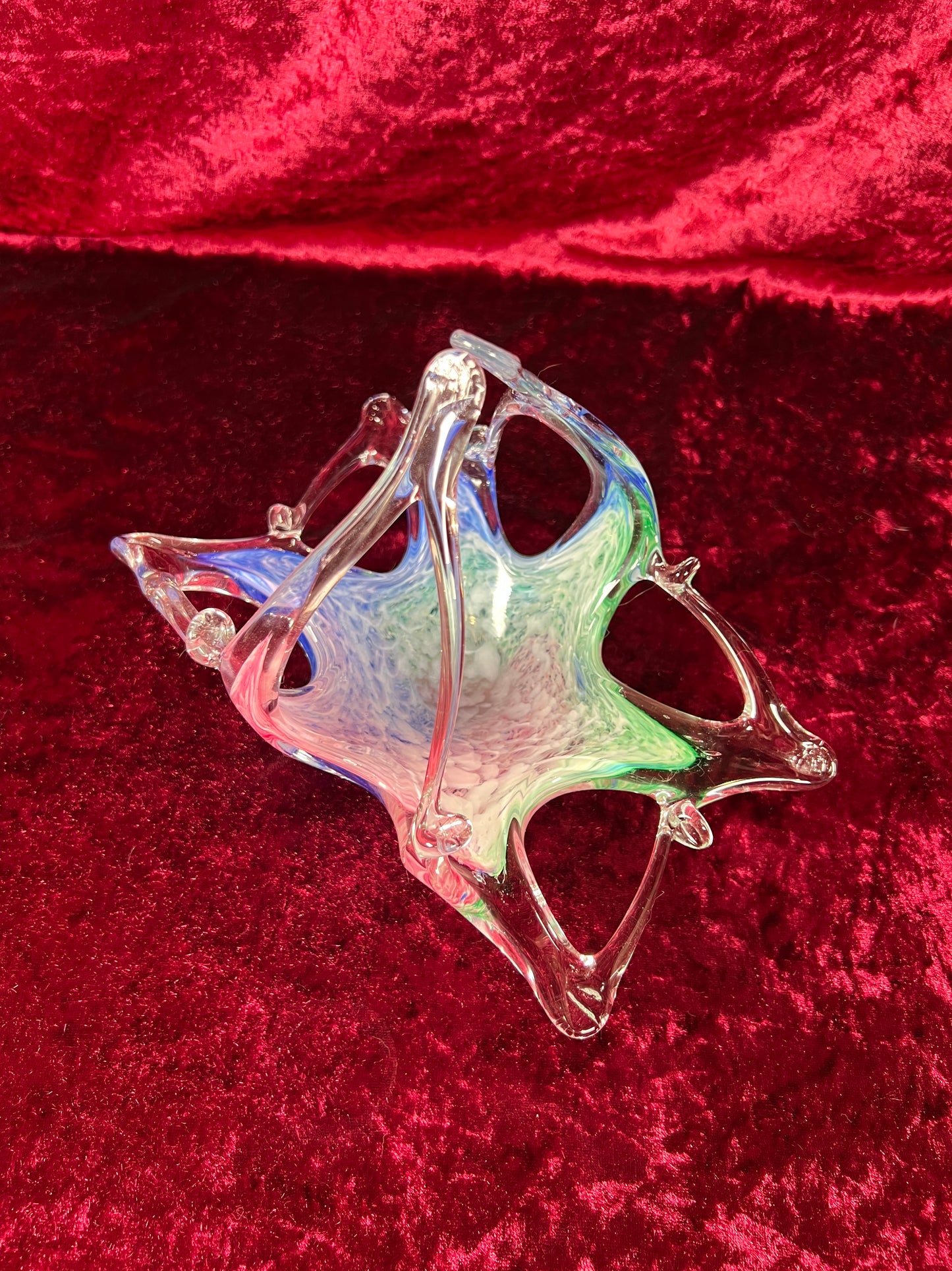 Vintage Art Glass - Glass Basket Candy Bowl - Blue, Green, and Pink - Murano