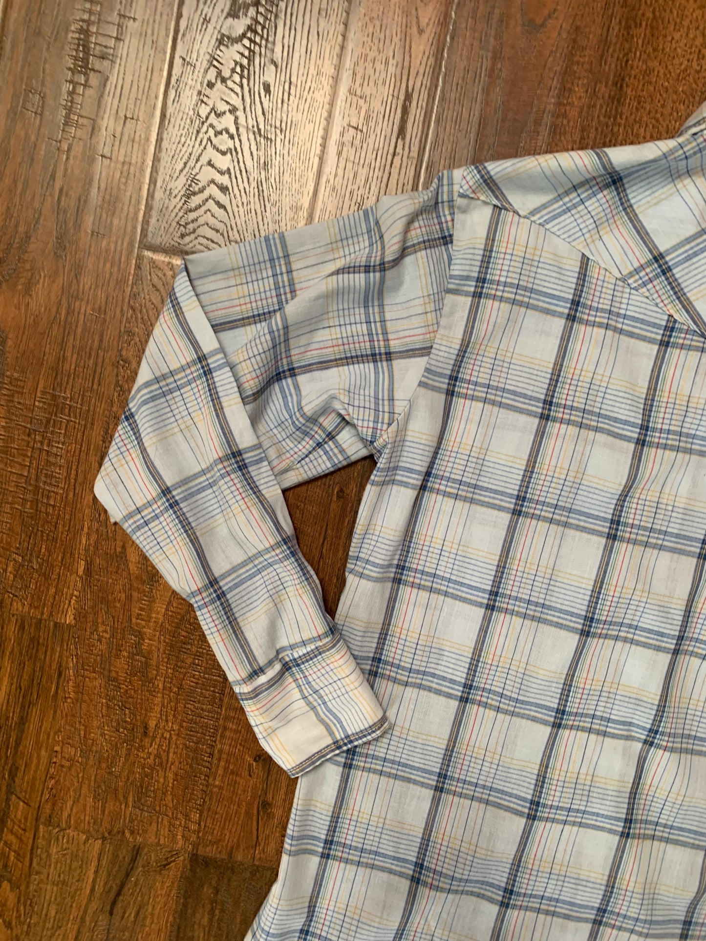 Vintage 1970s Mr. Leggs Pearl Snap Button Up Shirt - Light Blue Plaid - Small - Made In USA