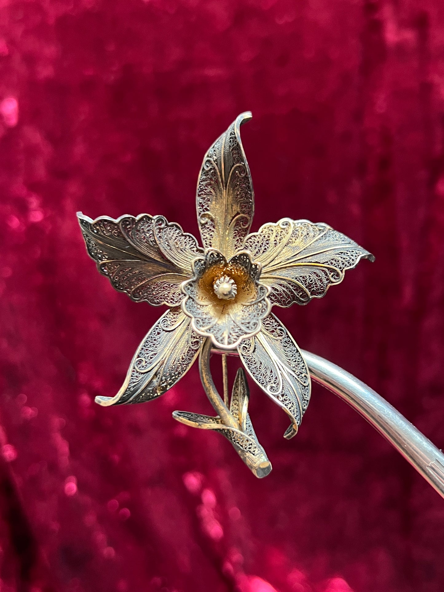 Vintage Jewelry - Brooch - Sterling Silver - Ornate Orchid - Portugal