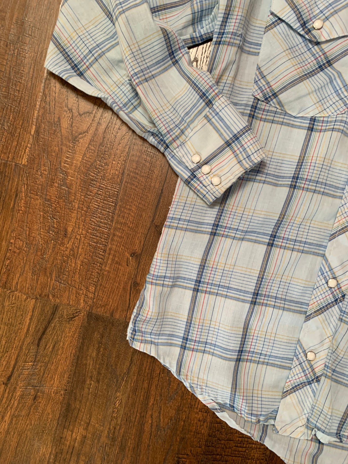 Vintage 1970s Mr. Leggs Pearl Snap Button Up Shirt - Light Blue Plaid - Small - Made In USA
