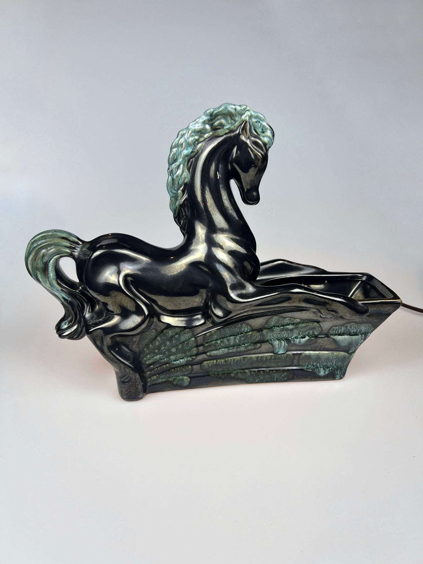 Vintage 1950s Underwriter Laboratories Ceramic TV Lamp Planter | Black & Teal | Mustang Horse