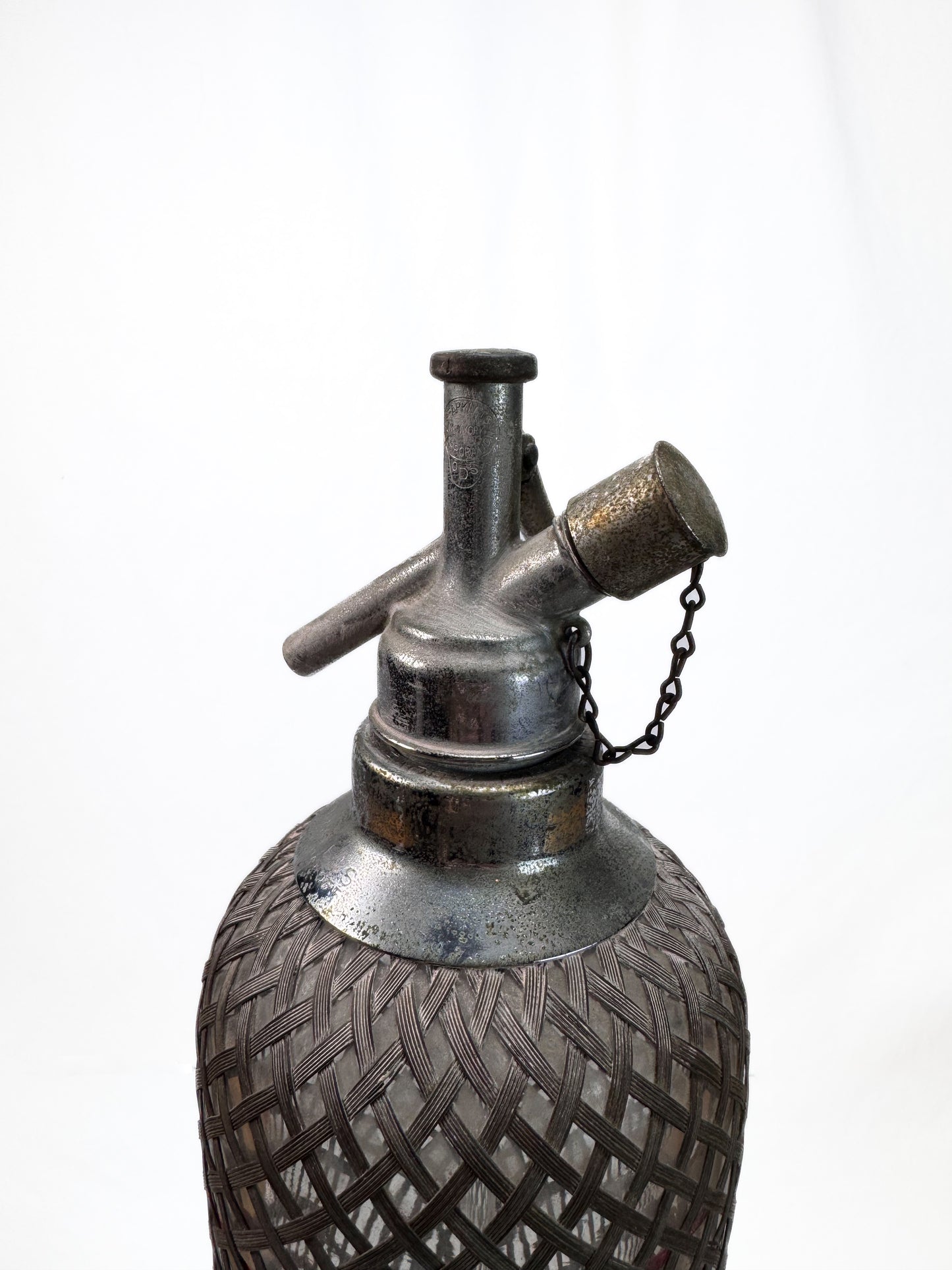 Antique Barware - Soda Siphon Seltzer Glass Bottle with Metal Mesh Sleeve by Sparklets