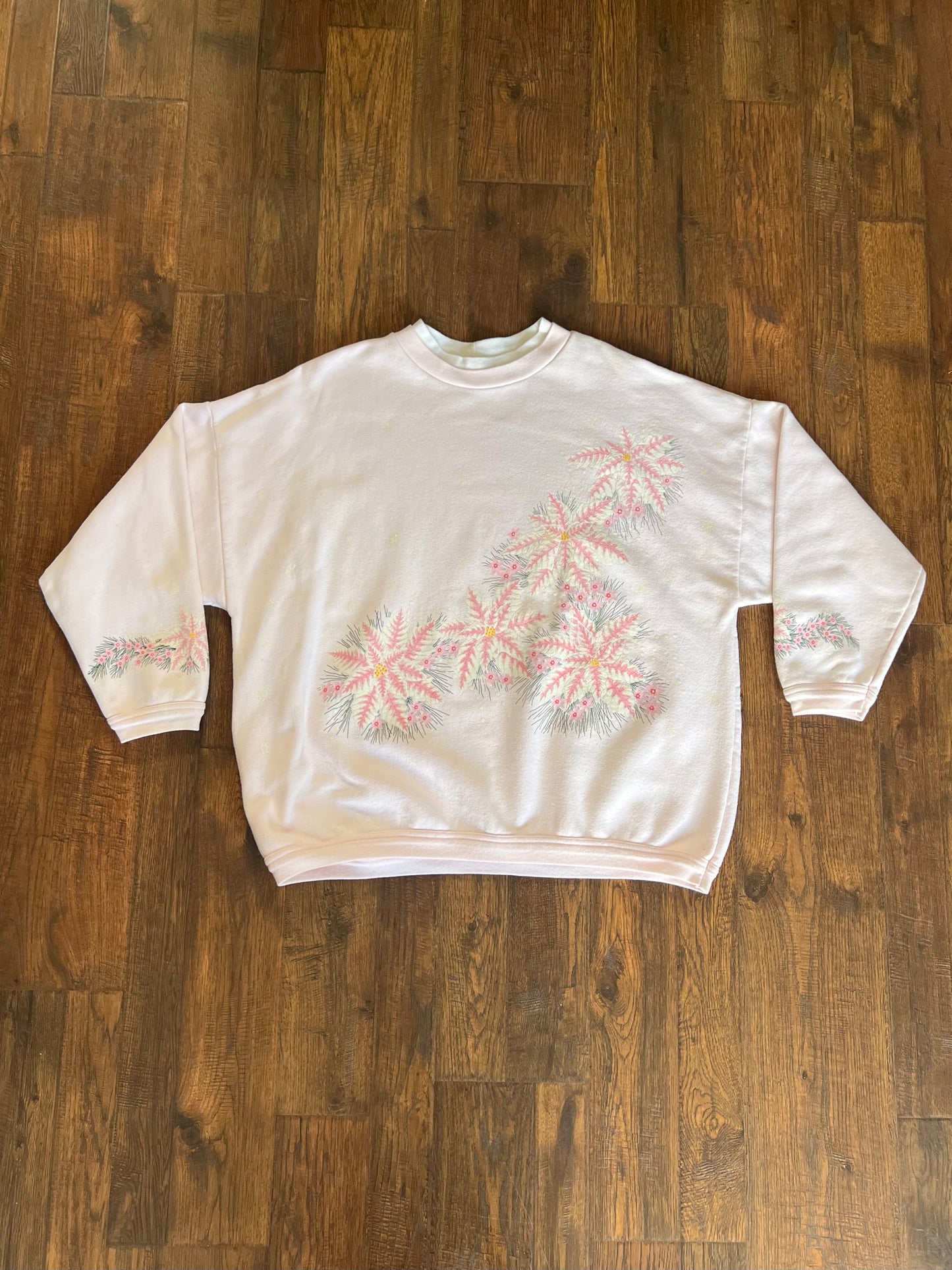Vintage Clothing - Screen Printed Crewneck Sweatshirt- Pink Flowers & Glitter Snowflakes - Artisans - XL
