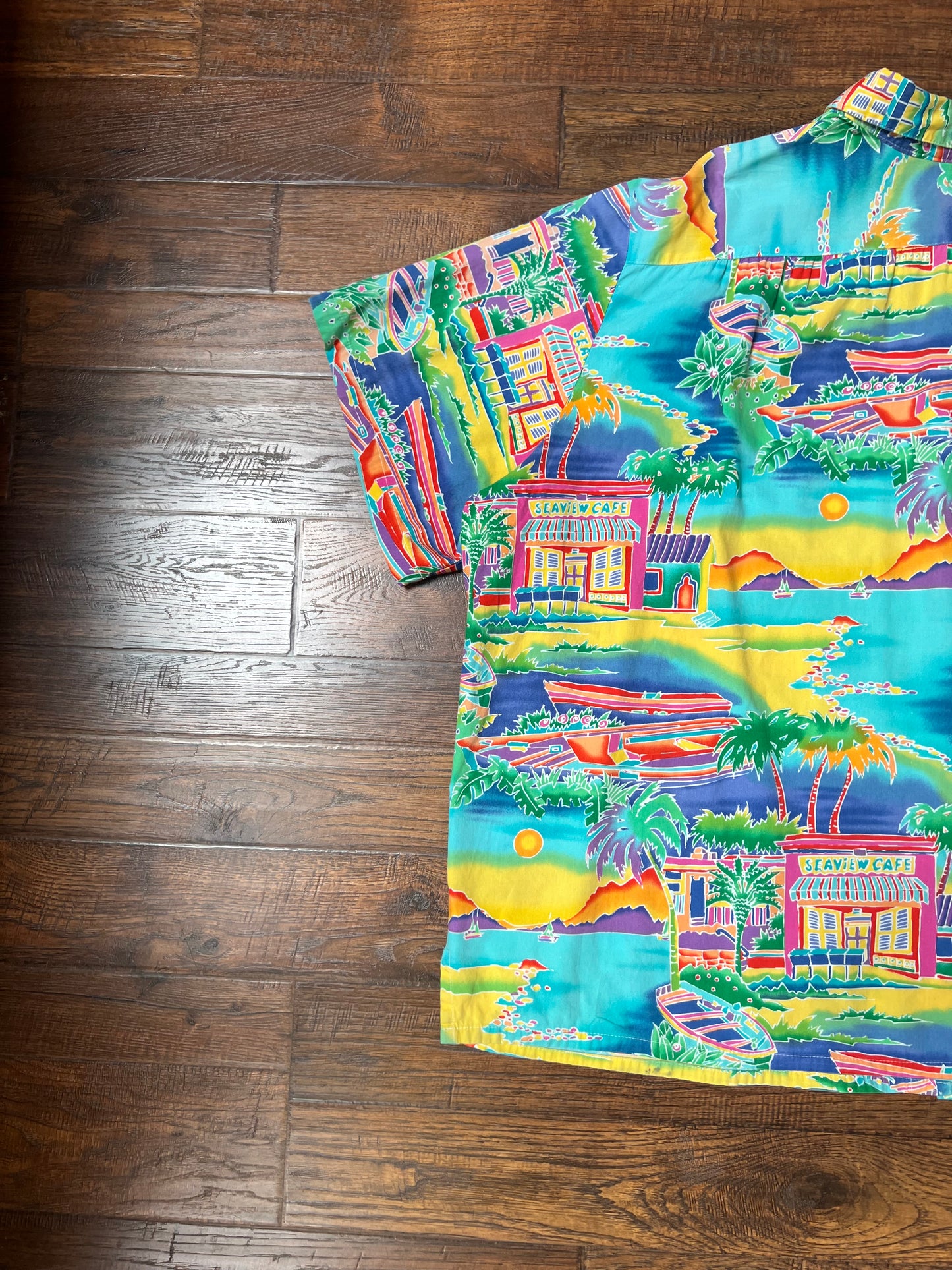 Vintage Clothing - Short Sleeve Hawaiian Shirt - Colorful Sea View Cafe Novelty Print - All Hours - 2X-Large