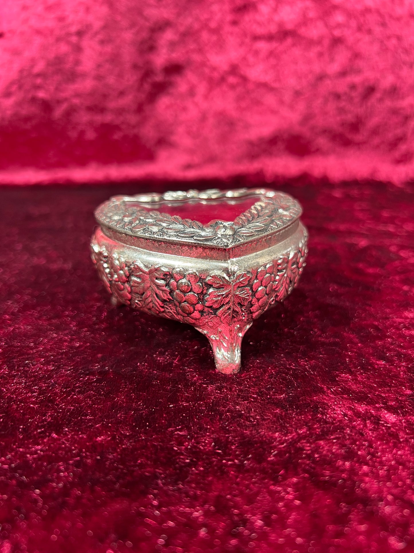 Vintage Vanity - Heart Shaped Jewelry Box - Ornate Silver Grapevine Filigree - Red Velvet Lining - Footed