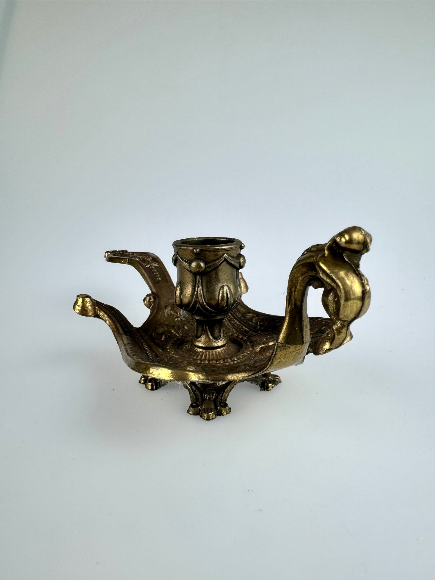 Vintage Italian Aged Brass Peacock Chamber Candle Stick Holder