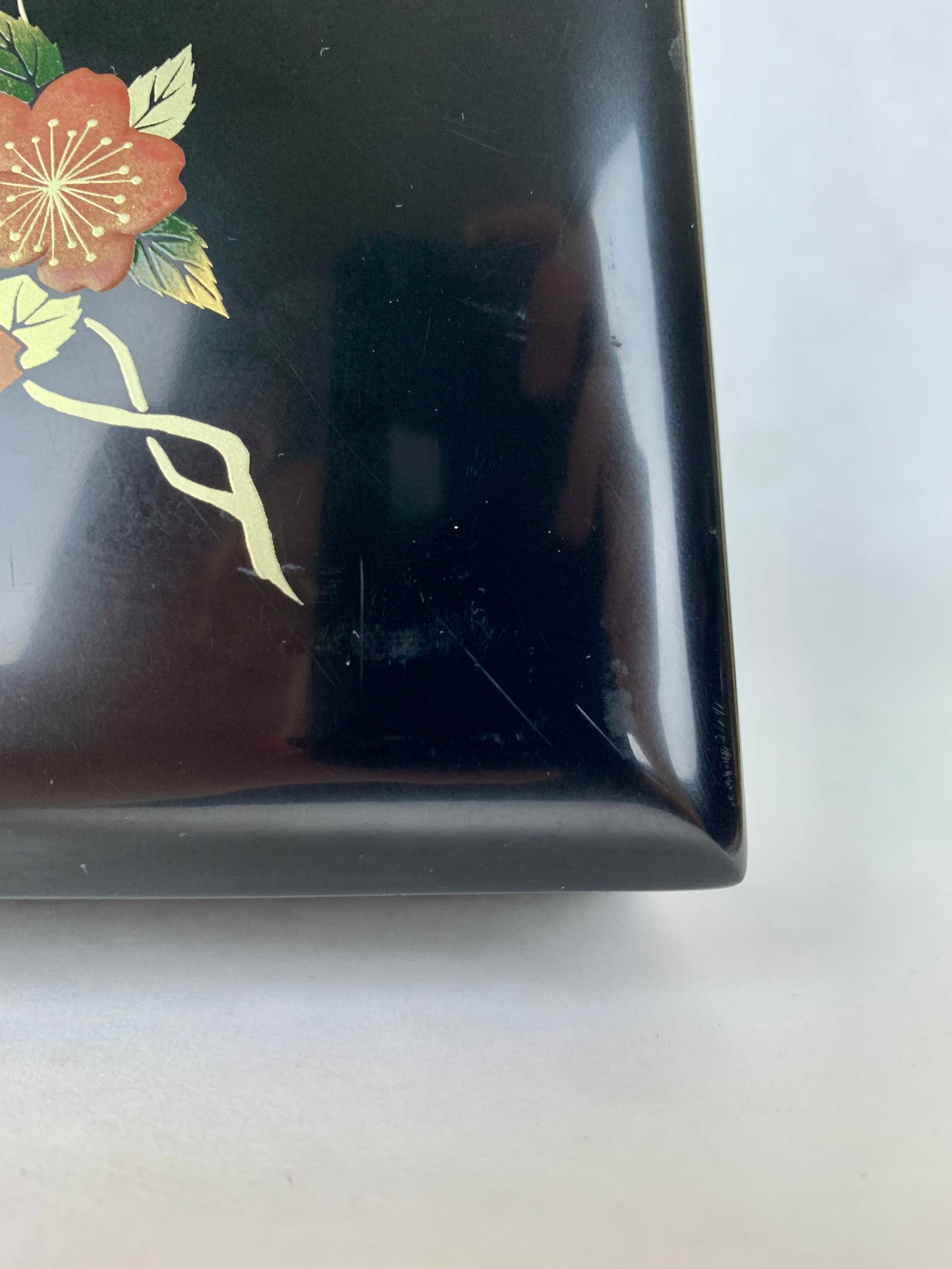 Vintage Black Lacquerware Trinket Box - Orange Floral Branch