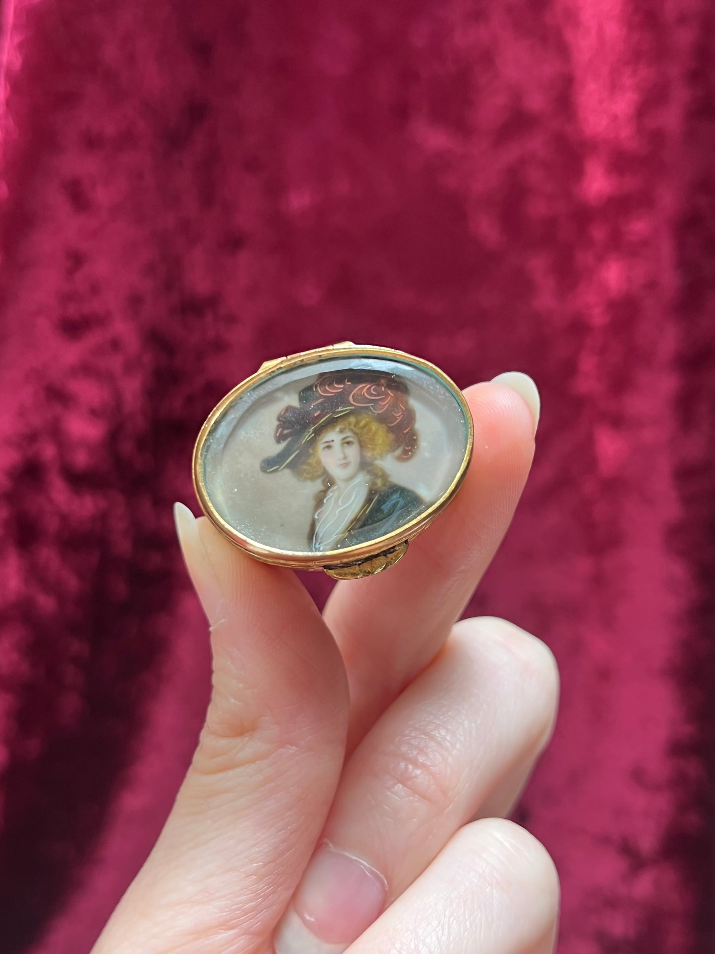 Antique Trinket Box - Oval Pill / Snuff Box - Hand Painted Portrait - Lady In A Hat - Floral Design