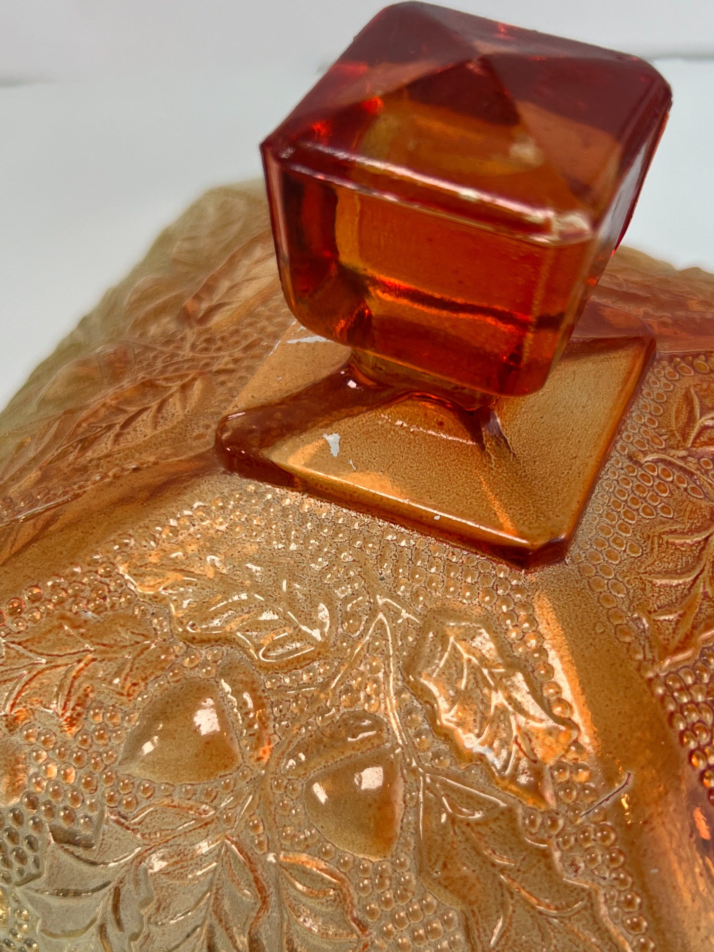 Vintage Kitchen - Lidded Candy Dish - Amberina Carnival Glass - Red / Yellow
