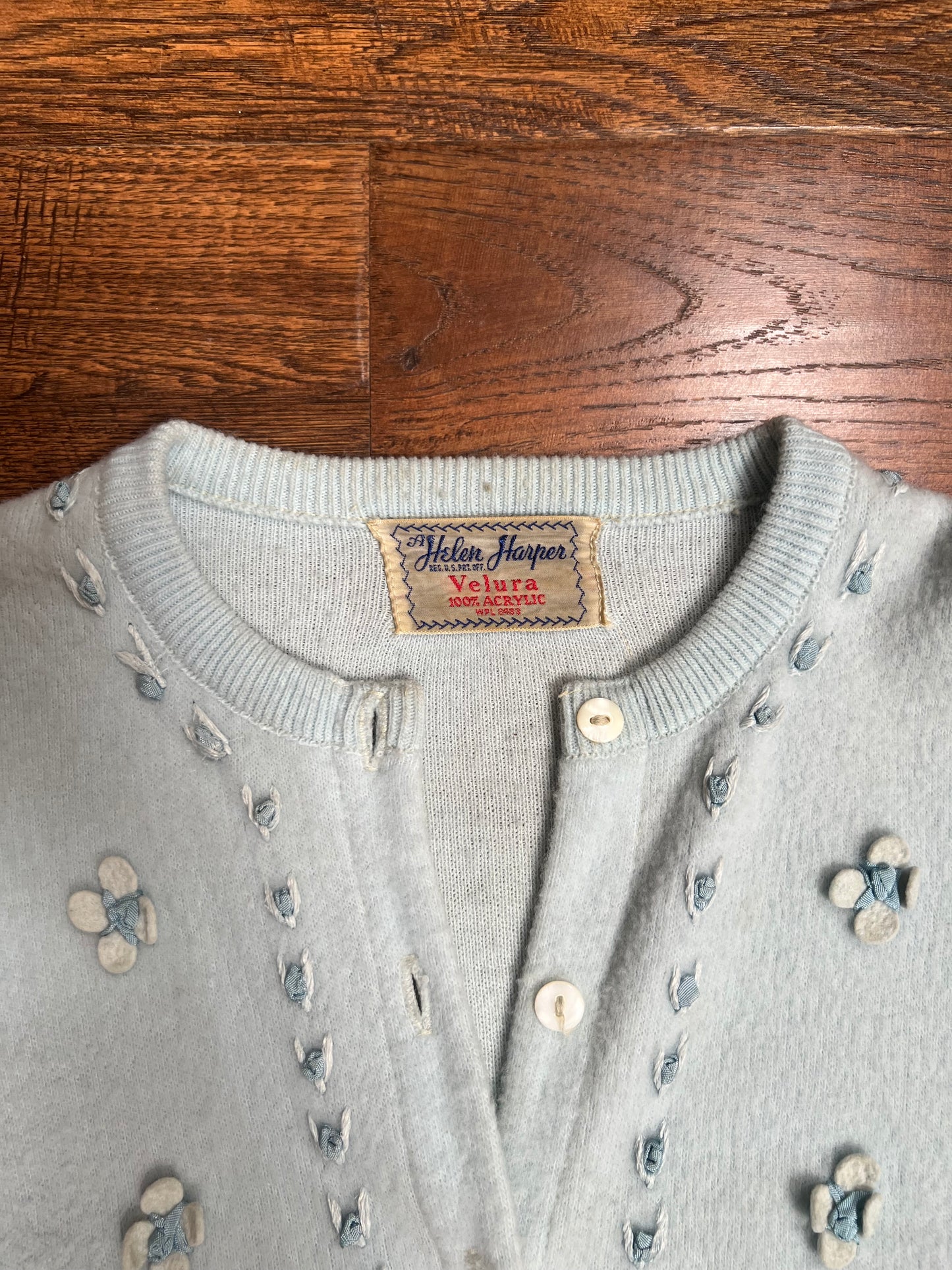 Vintage Clothing - Button Up Cardigan - Baby Blue with Embroidered Flowers - Helen Harper - Medium