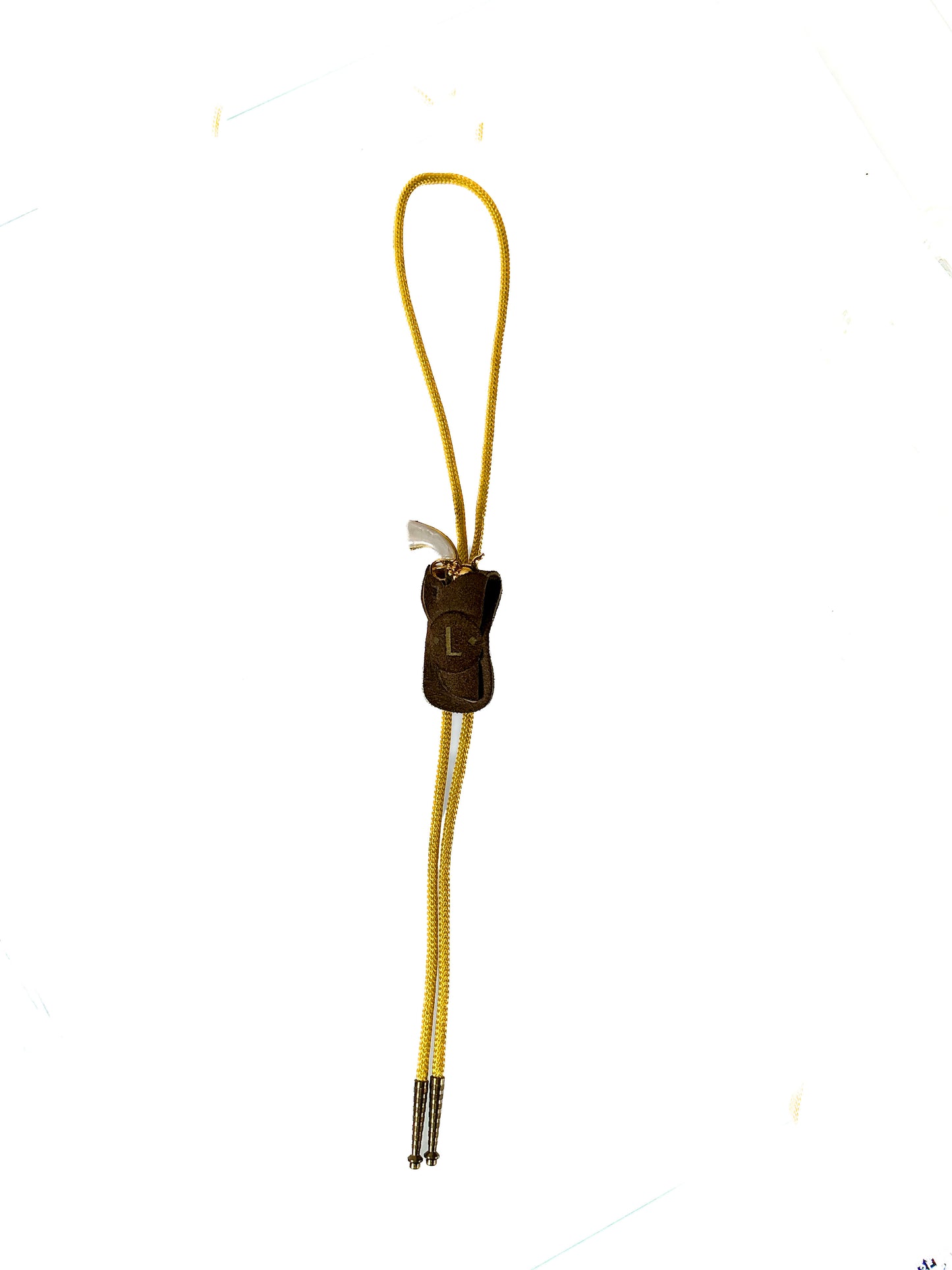 Vintage Accessories - Bolo Tie - Miniature Gold Pistol in Holster - Yellow Braided Cord - Brass Tips