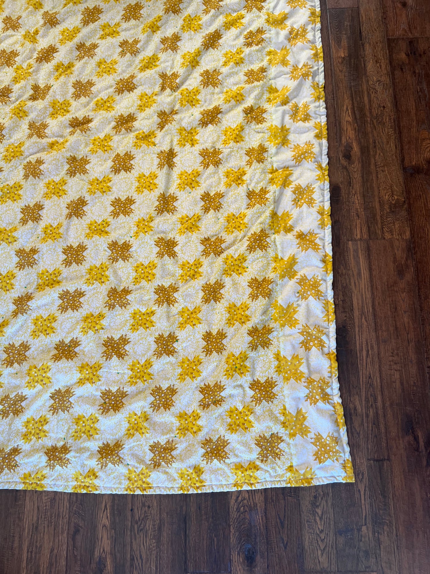Vintage Linens - Handmade Quilt - Buttercream Yellow - Groovy Floral Patchwork - Double Sided - 81” X 67.5”