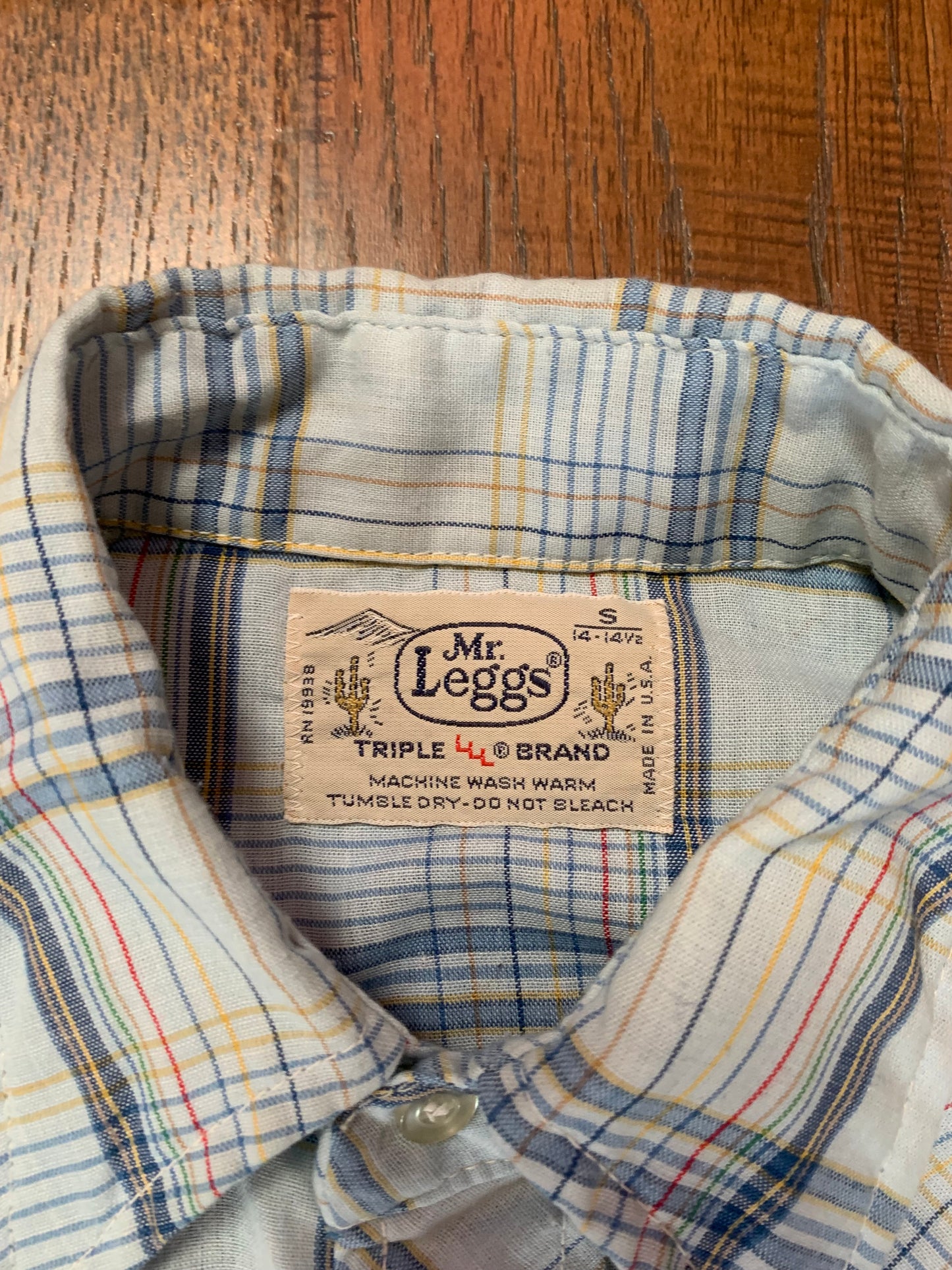 Vintage 1970s Mr. Leggs Pearl Snap Button Up Shirt - Light Blue Plaid - Small - Made In USA