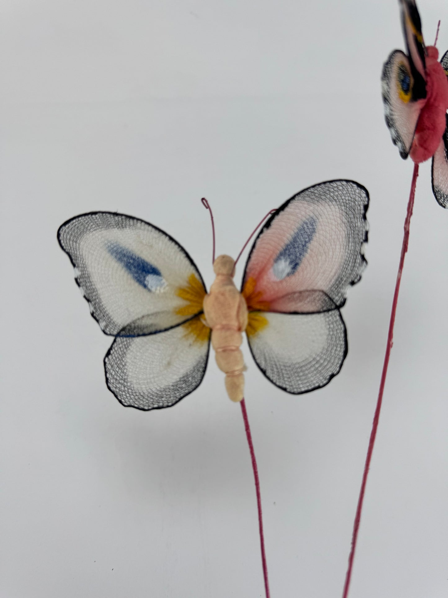Vintage Nylon Butterfly Decorative Plant Stakes - Hot Pink & Cream 2