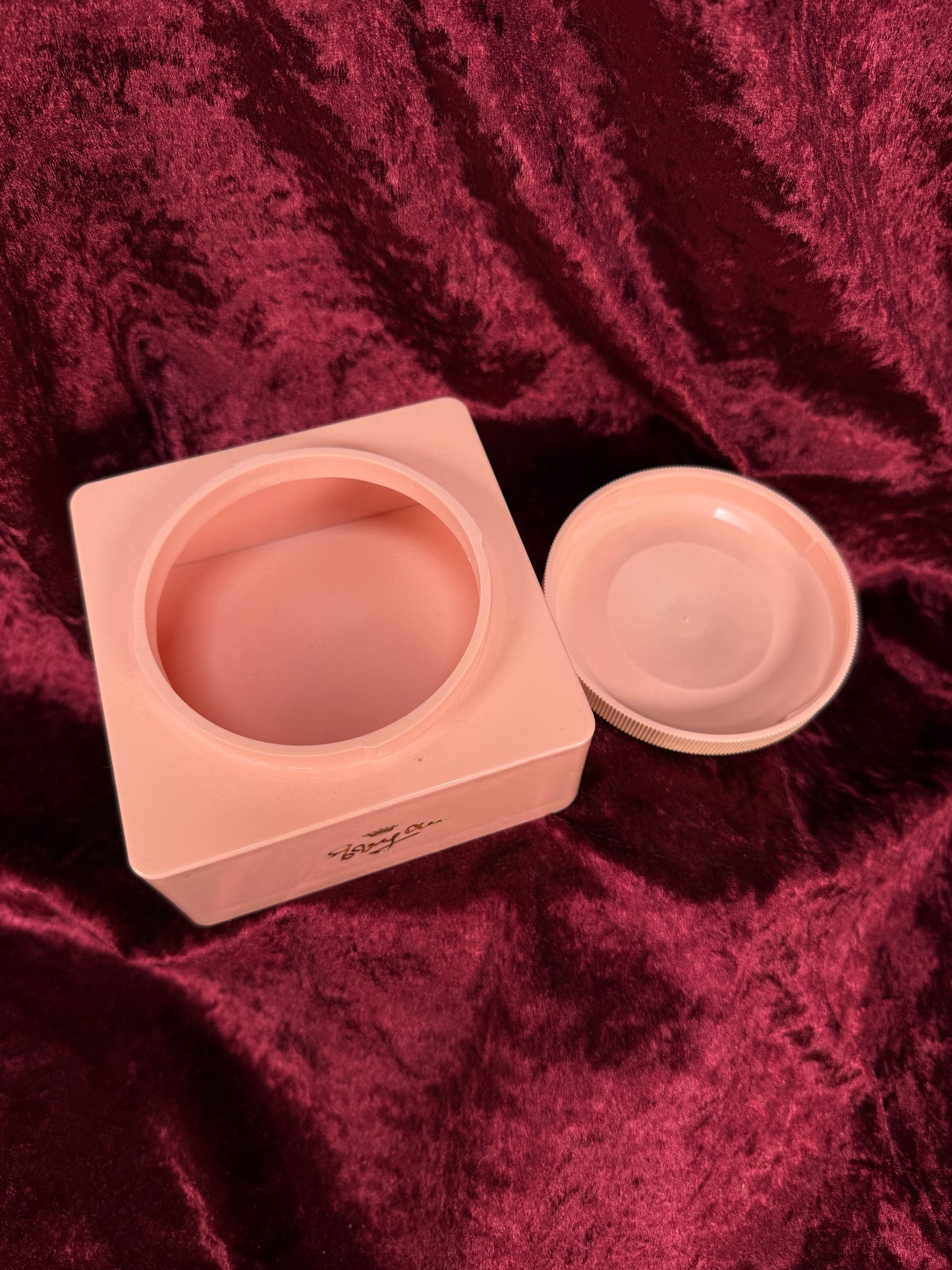 Vintage Vanity - Pink Plastic Powder Box – Art Nouveau Lady Reclining Lid - Evyan