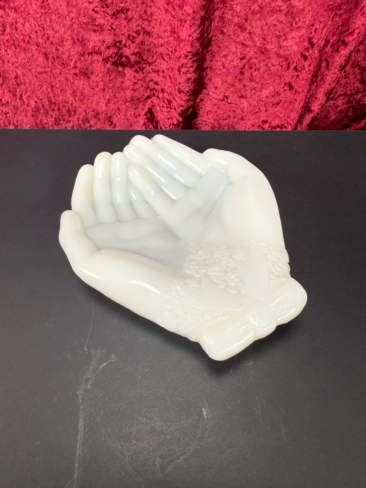 Vintage Trinket Dish - Cupped Open Hands - White Milk Glass - Avon