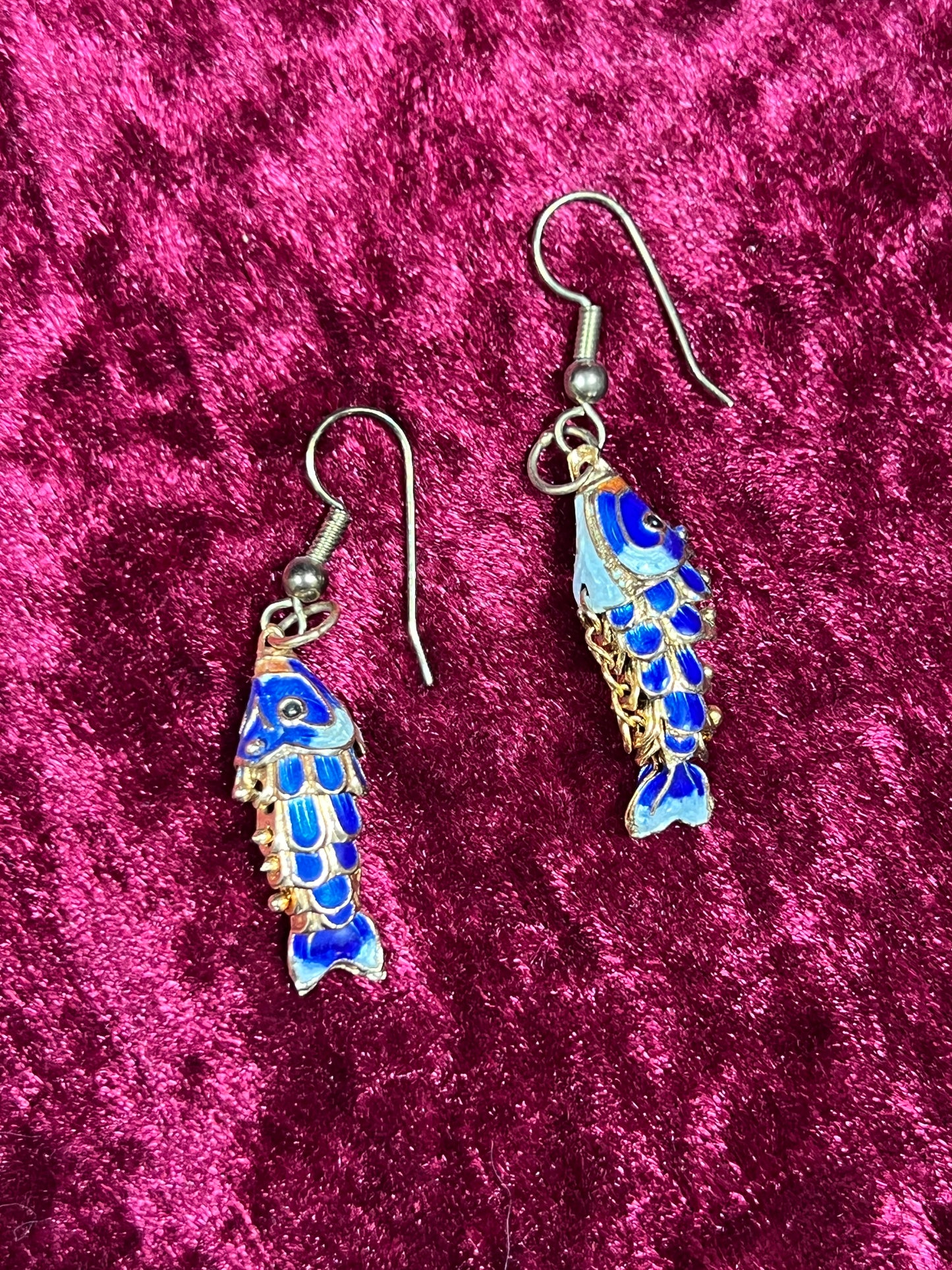 Vintage Jewelry - Drop Earrings - Gold Tone Metal - Articulated Enamel Koi Fish