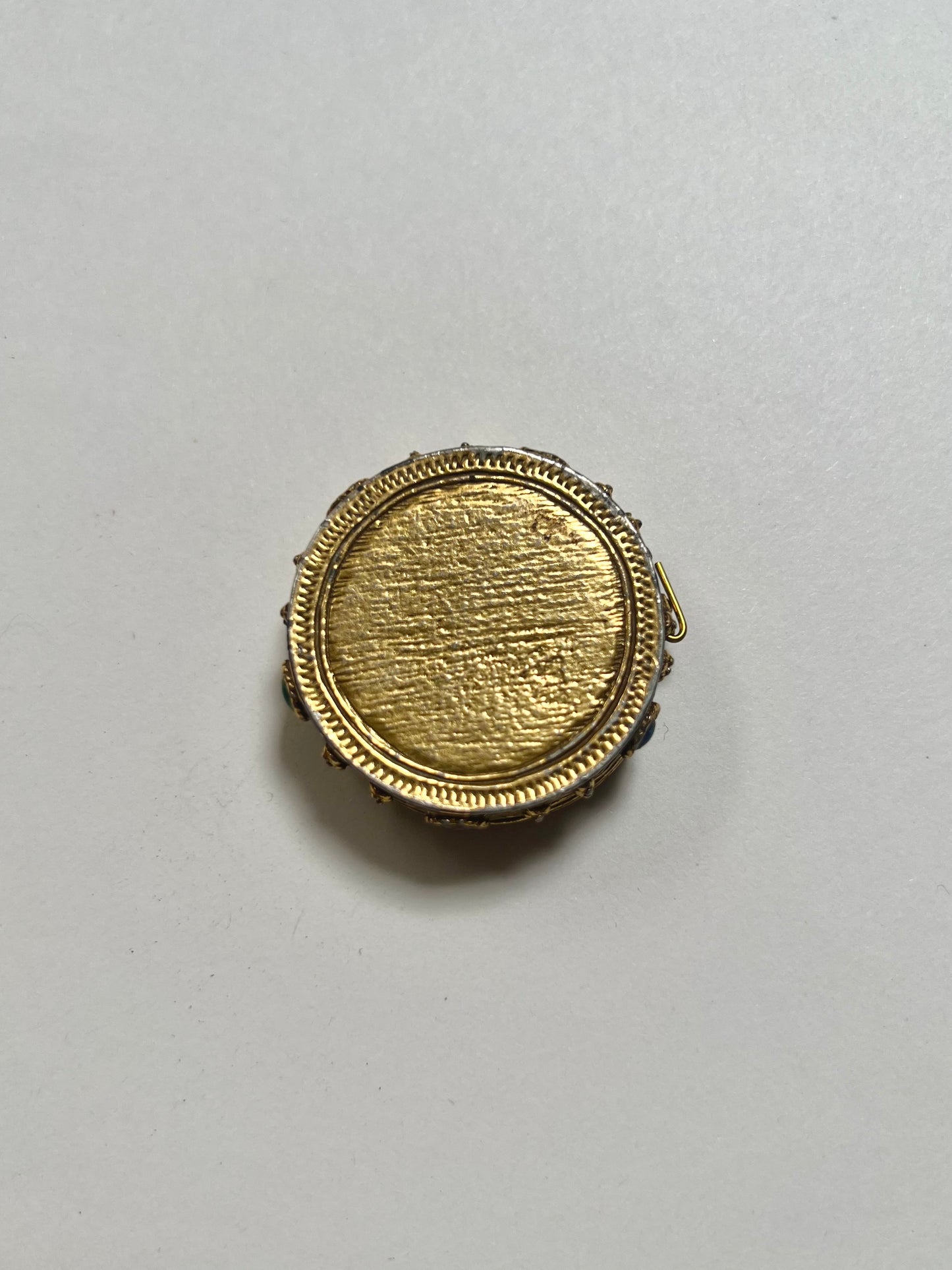 Vintage Trinket Box - Brass Pill Box - Round - Multicolor Gem Stones