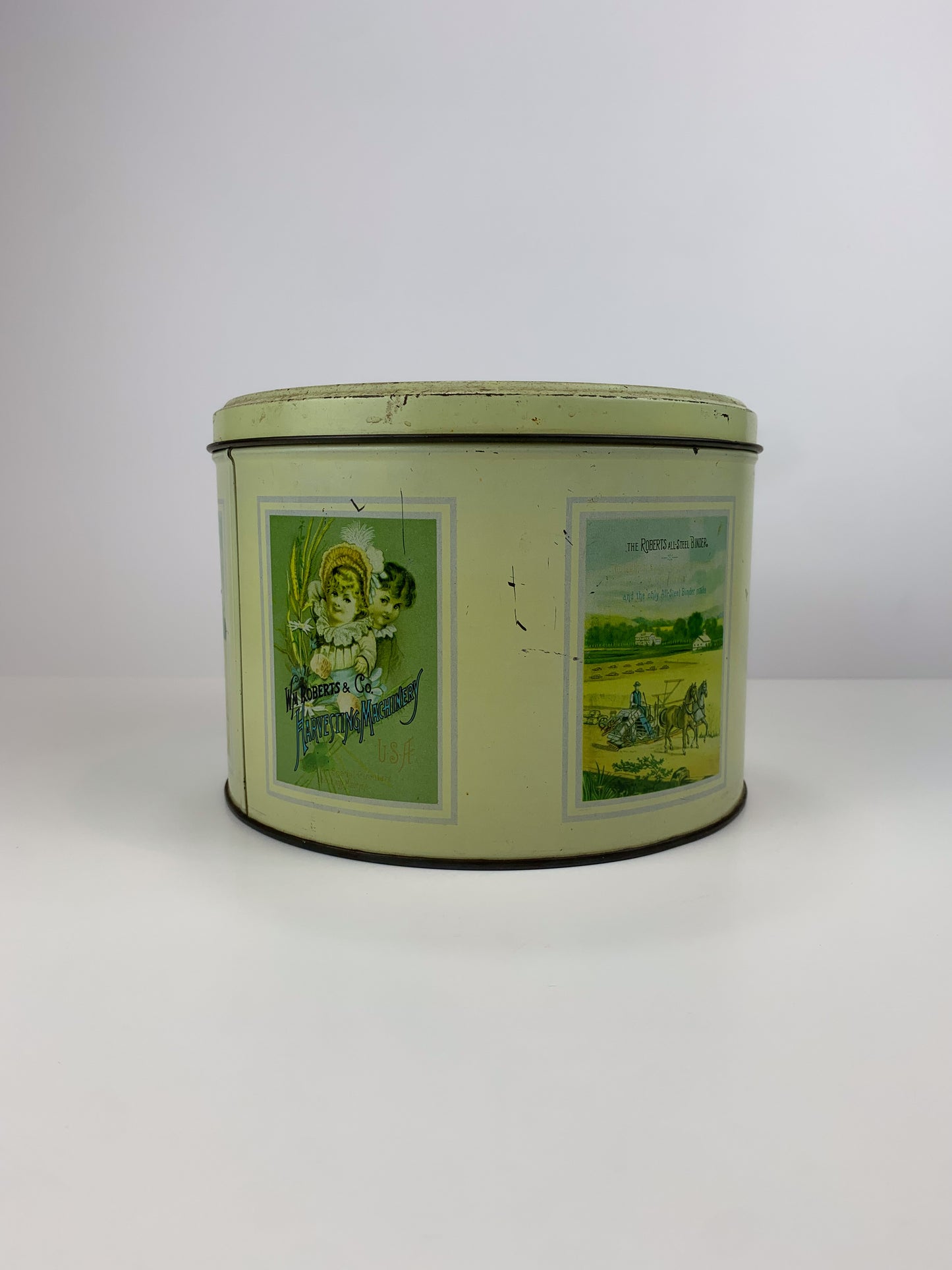 Vintage Round Metal Advertising Tin - WM Roberts & Co. Harvesting Machinery - Made In Italy
