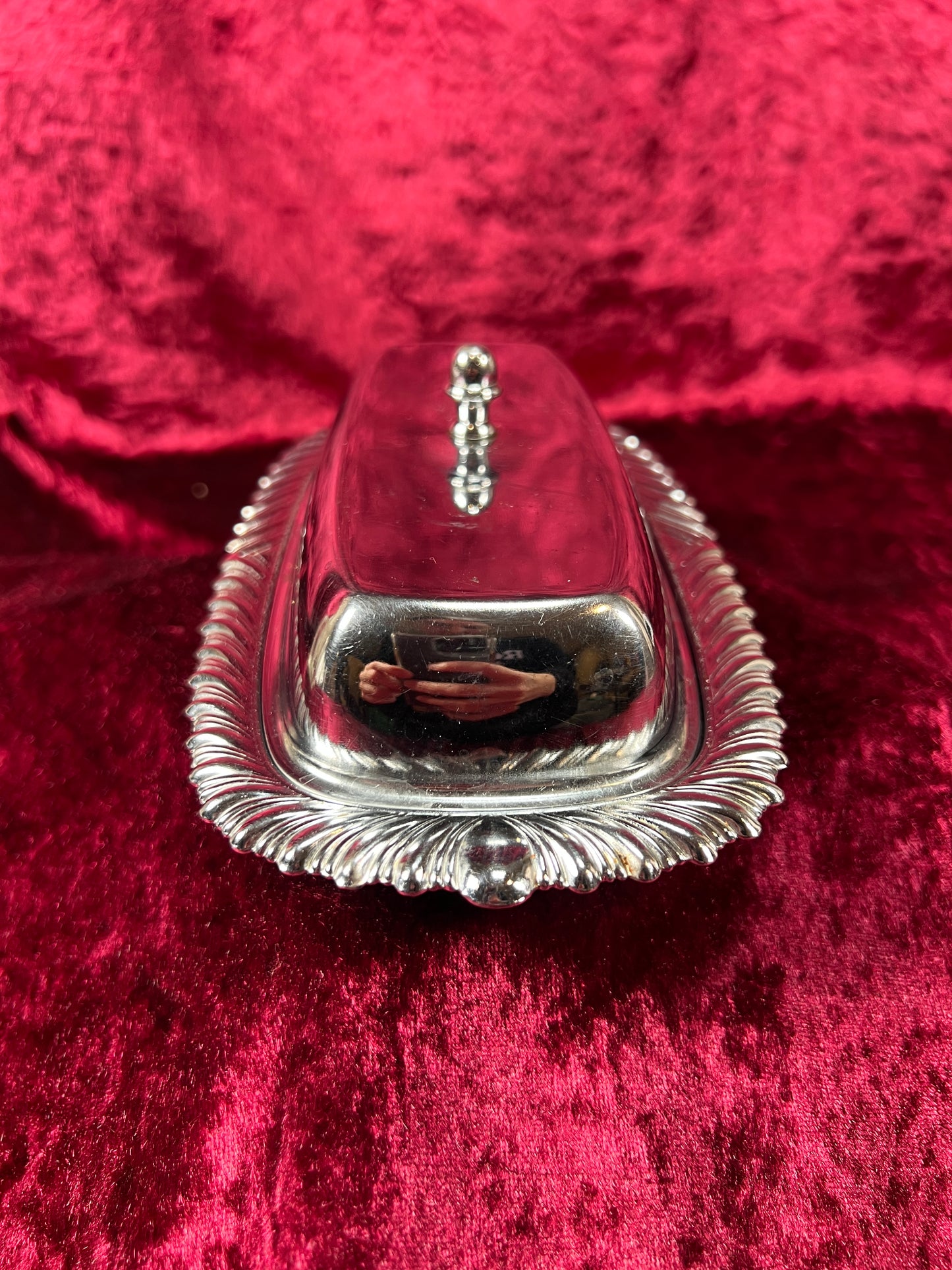Vintage Kitchen - Covered Butter Dish - Silver Metal with Glass Insert - Ornate Edging