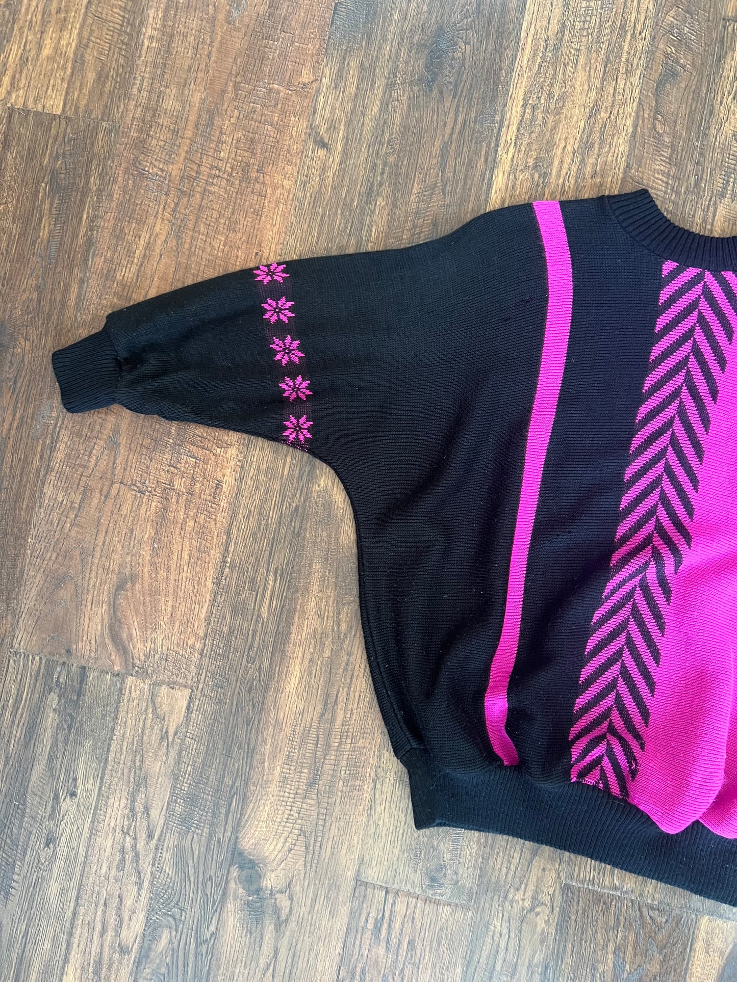 Vintage Clothing - 1980s Sweater - Hot Pink and Black - R Knit - Medium - Made In England