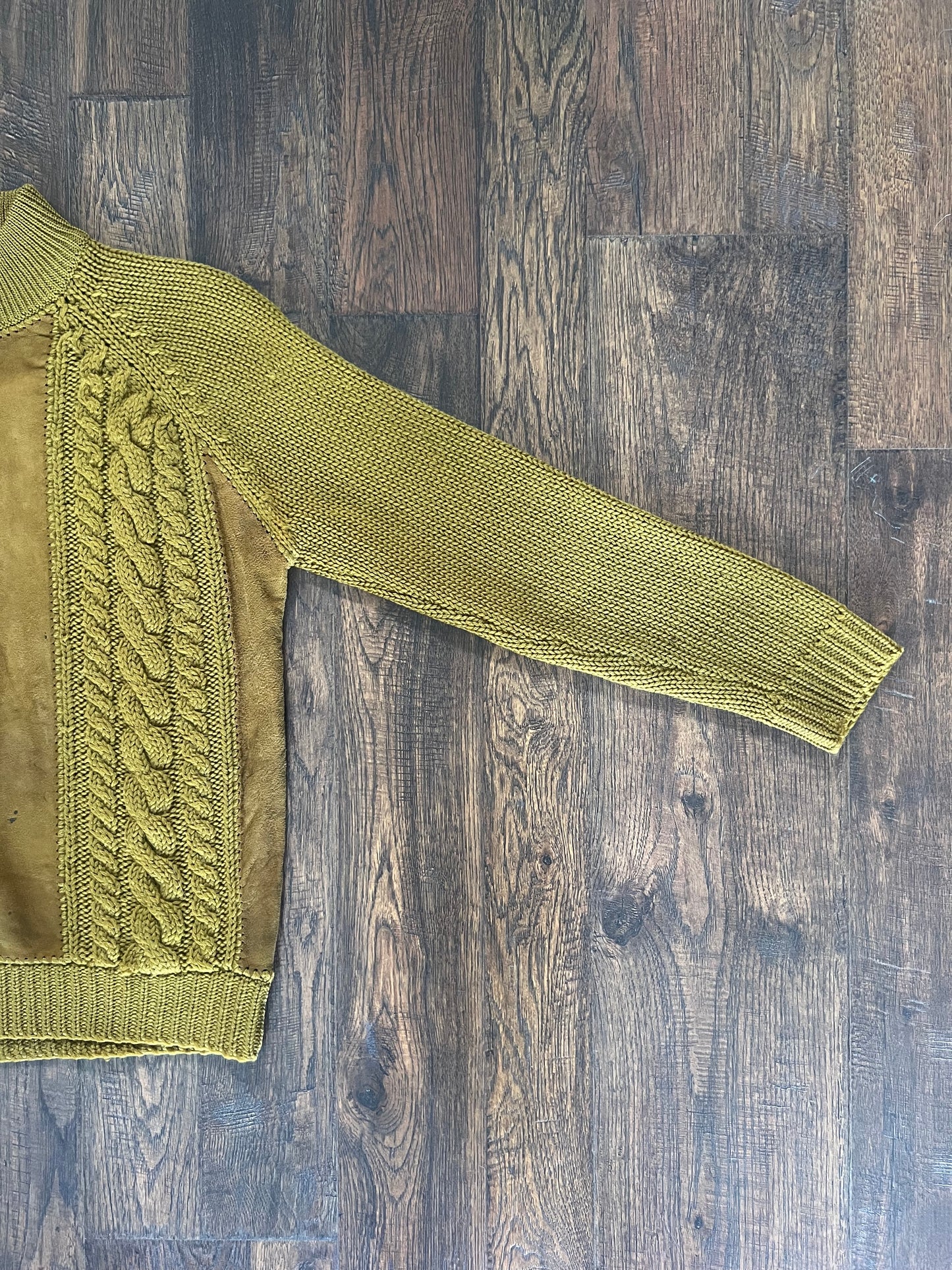 Vintage Clothing - Cable Knit Sweater - Mock Turtleneck - Suede Detail - Pea Soup Green - Small