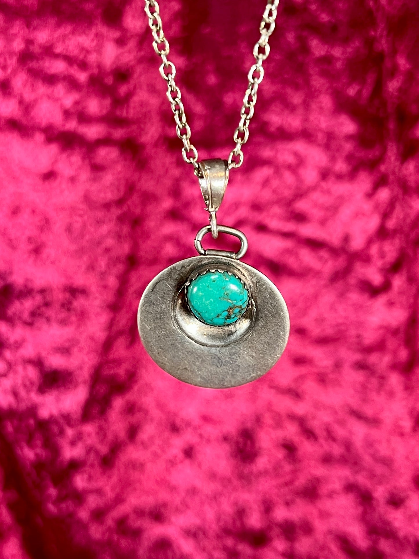Vintage Jewelry - Necklace - 925 Silver Turquoise Saucer Pendant - 18”