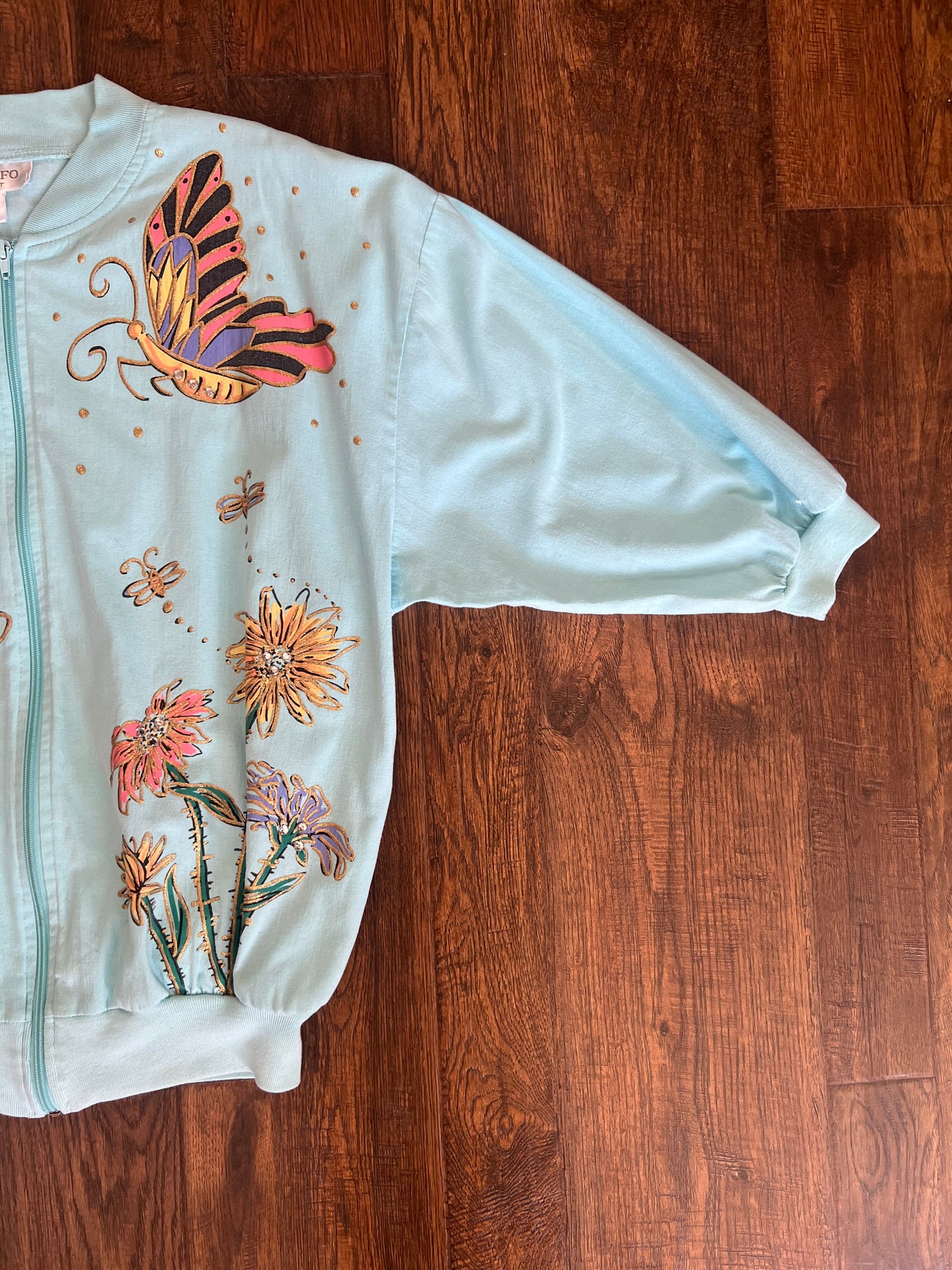 Vintage Clothing - Zip Up Sweatshirt - Wiggy Butterflies & Flowers - Light Blue - Adolfo Sport - Medium