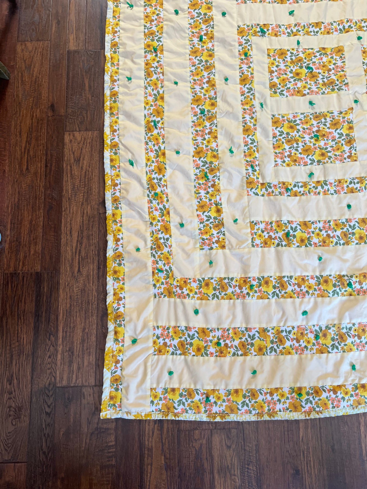 Vintage Linens - Handmade Quilt - Buttercream Yellow - Groovy Floral Patchwork - Double Sided - 81” X 67.5”