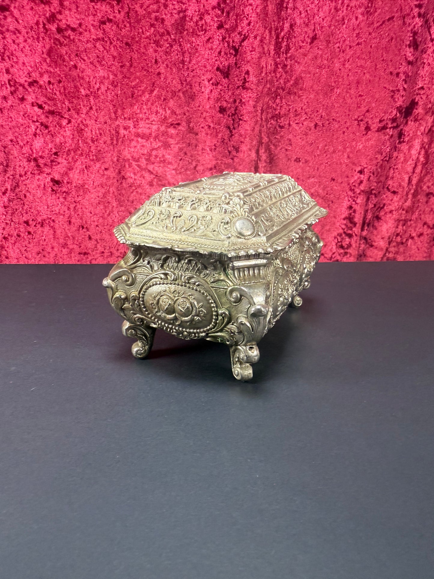 Vintage Vanity - Jewelry Box - Ornate Silver Floral Filigree - Red Velvet Lining - Footed
