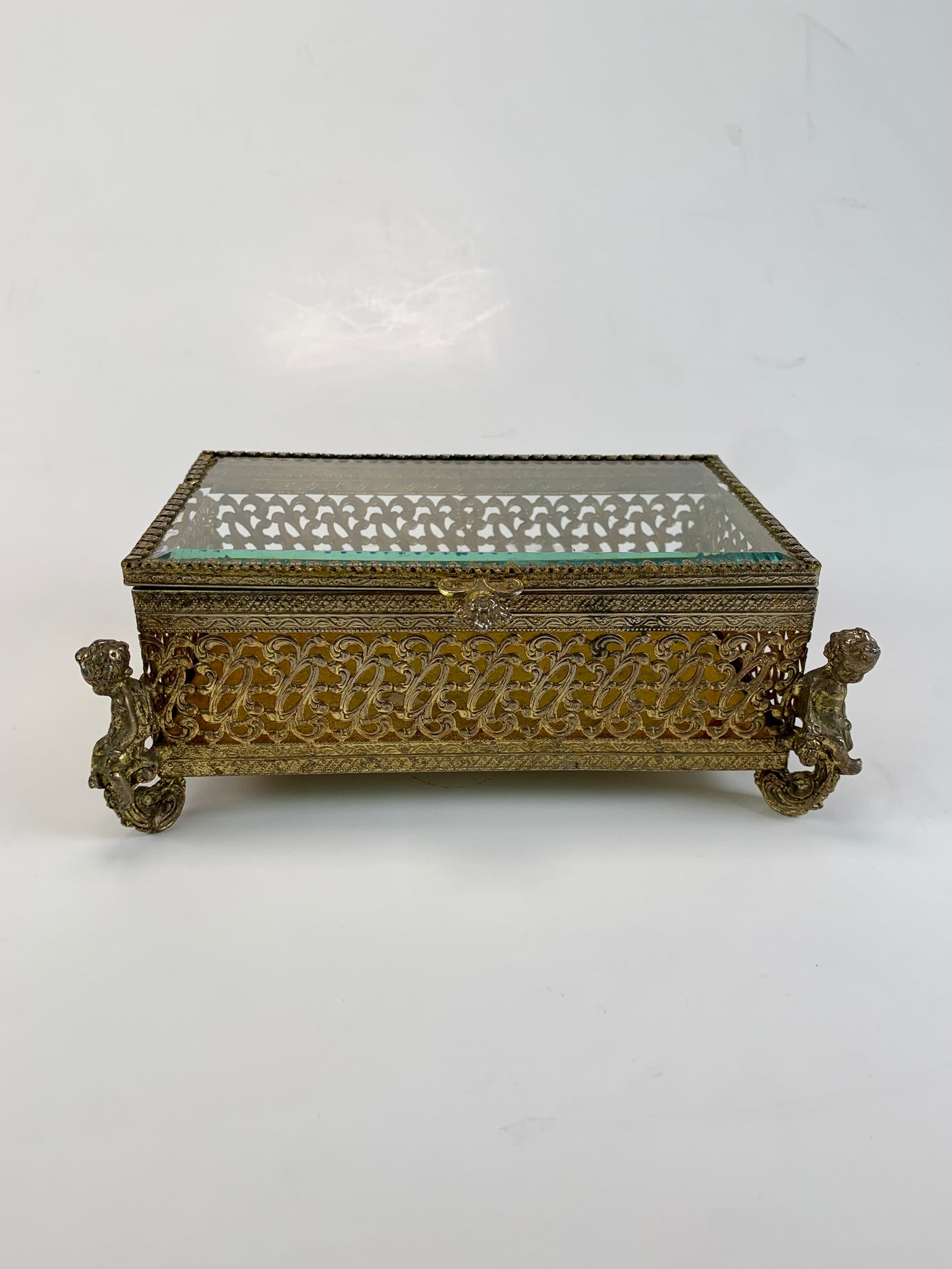 Vintage Jewelry Casket - Ormolu Felt Lined Box with Beveled Glass - Cherub Feet