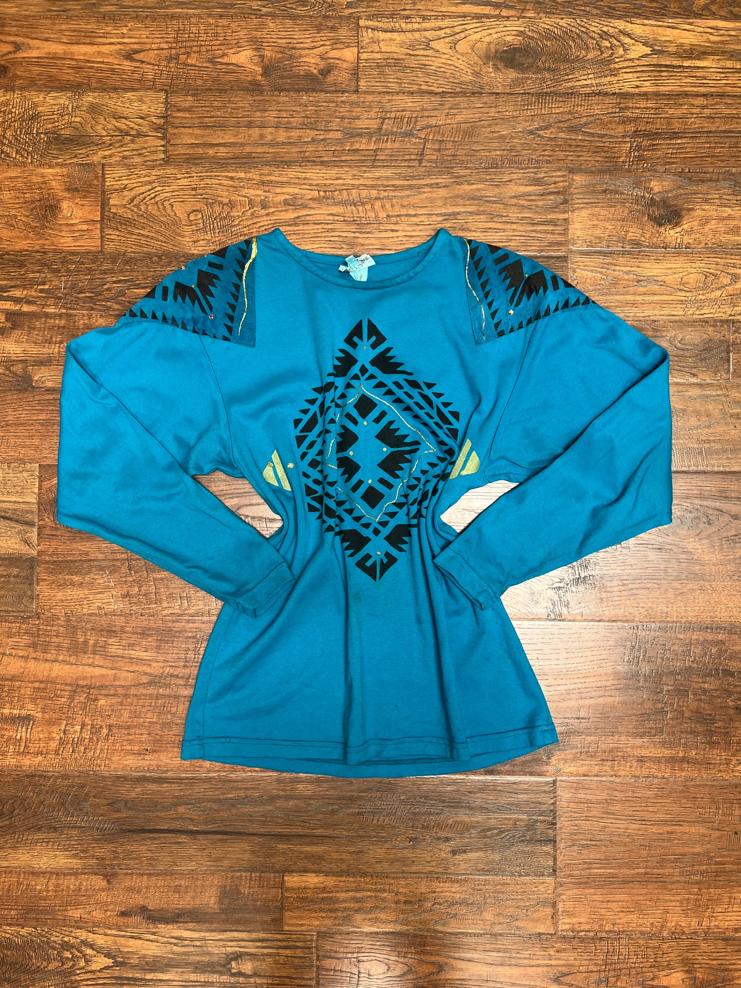 Vintage Clothing - Long Sleeve Shirt - Southwestern Print on Blue - Medium - Silver Cloud