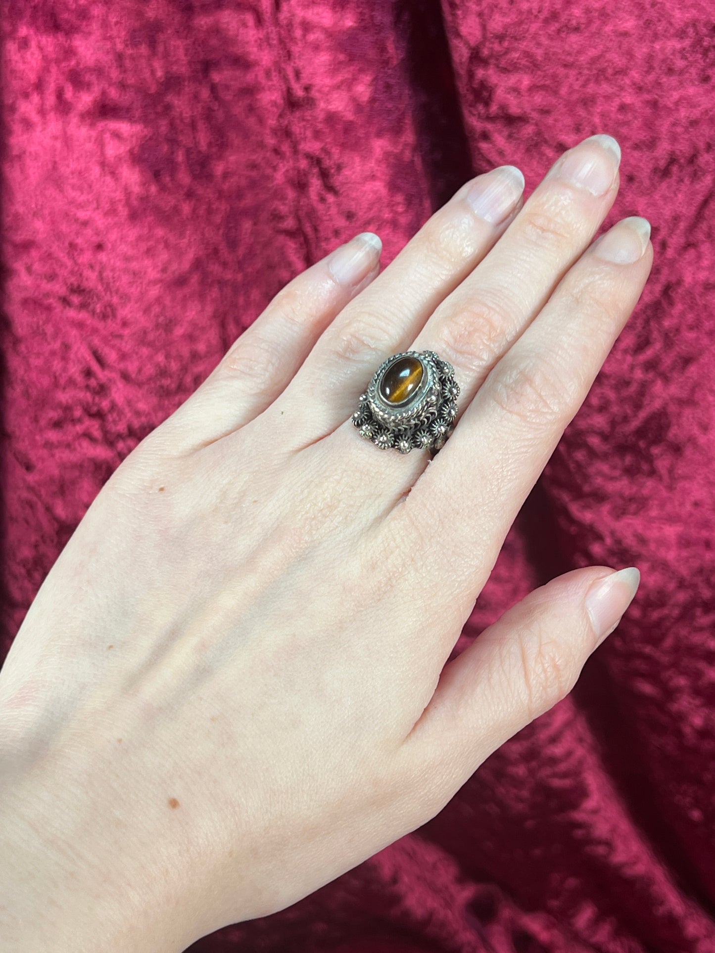 Vintage Jewelry - Adjustable Poison Ring - Sterling Silver - Tigers Eye Center Stone - Taxco