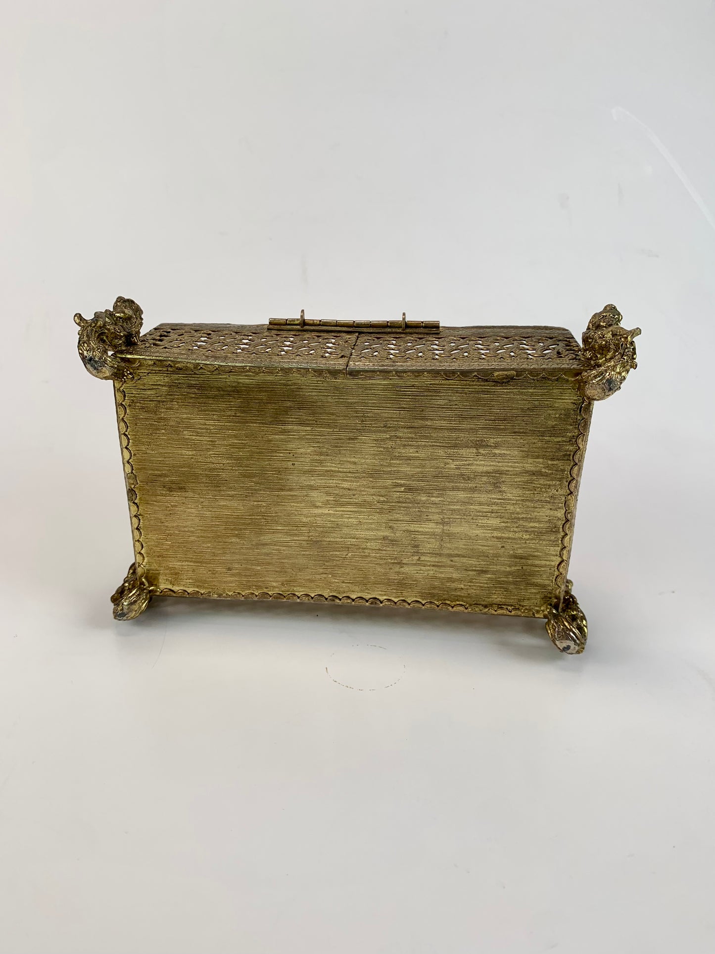 Vintage Jewelry Casket - Ormolu Felt Lined Box with Beveled Glass - Cherub Feet