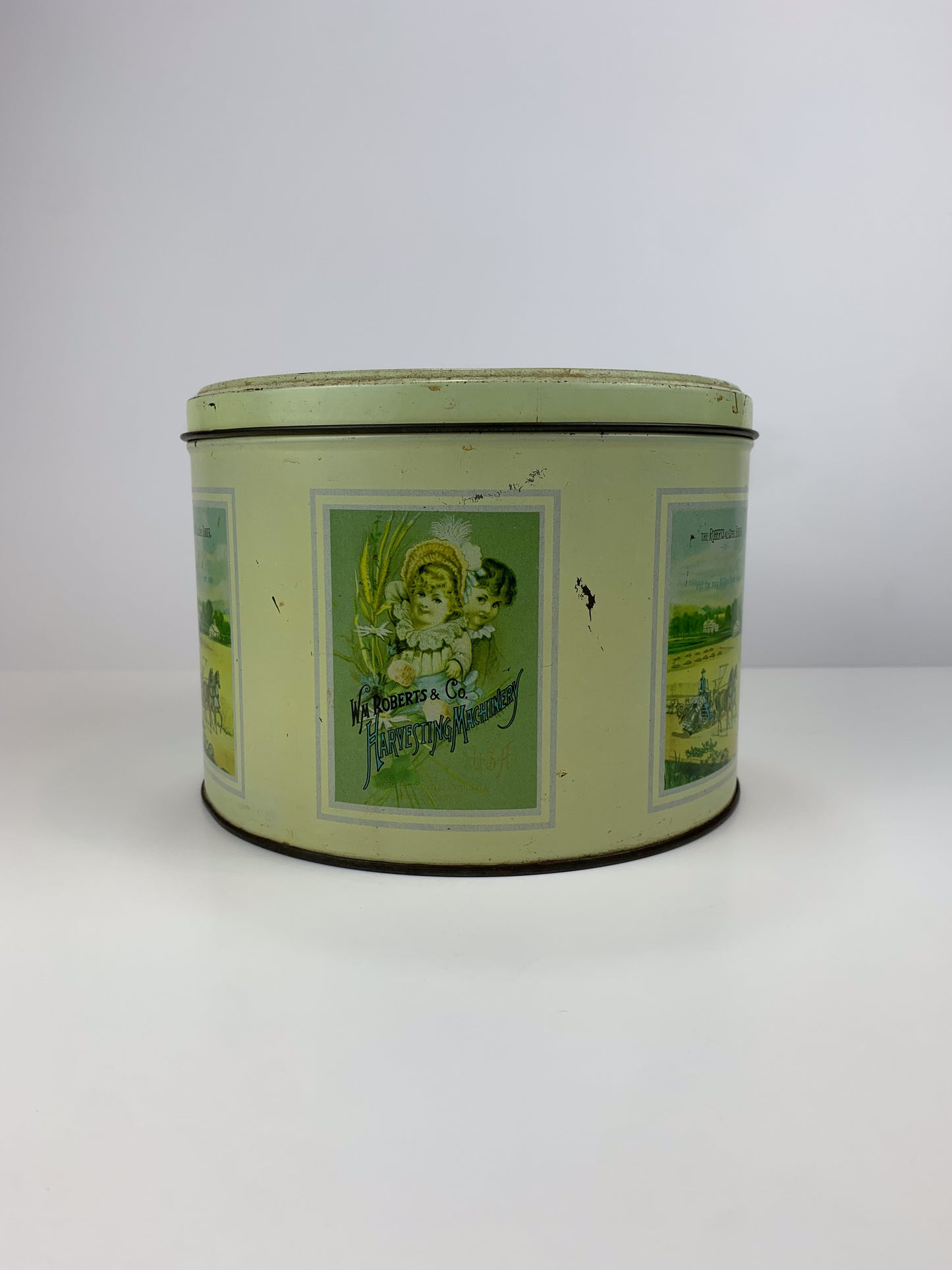Vintage Round Metal Advertising Tin - WM Roberts & Co. Harvesting Machinery - Made In Italy