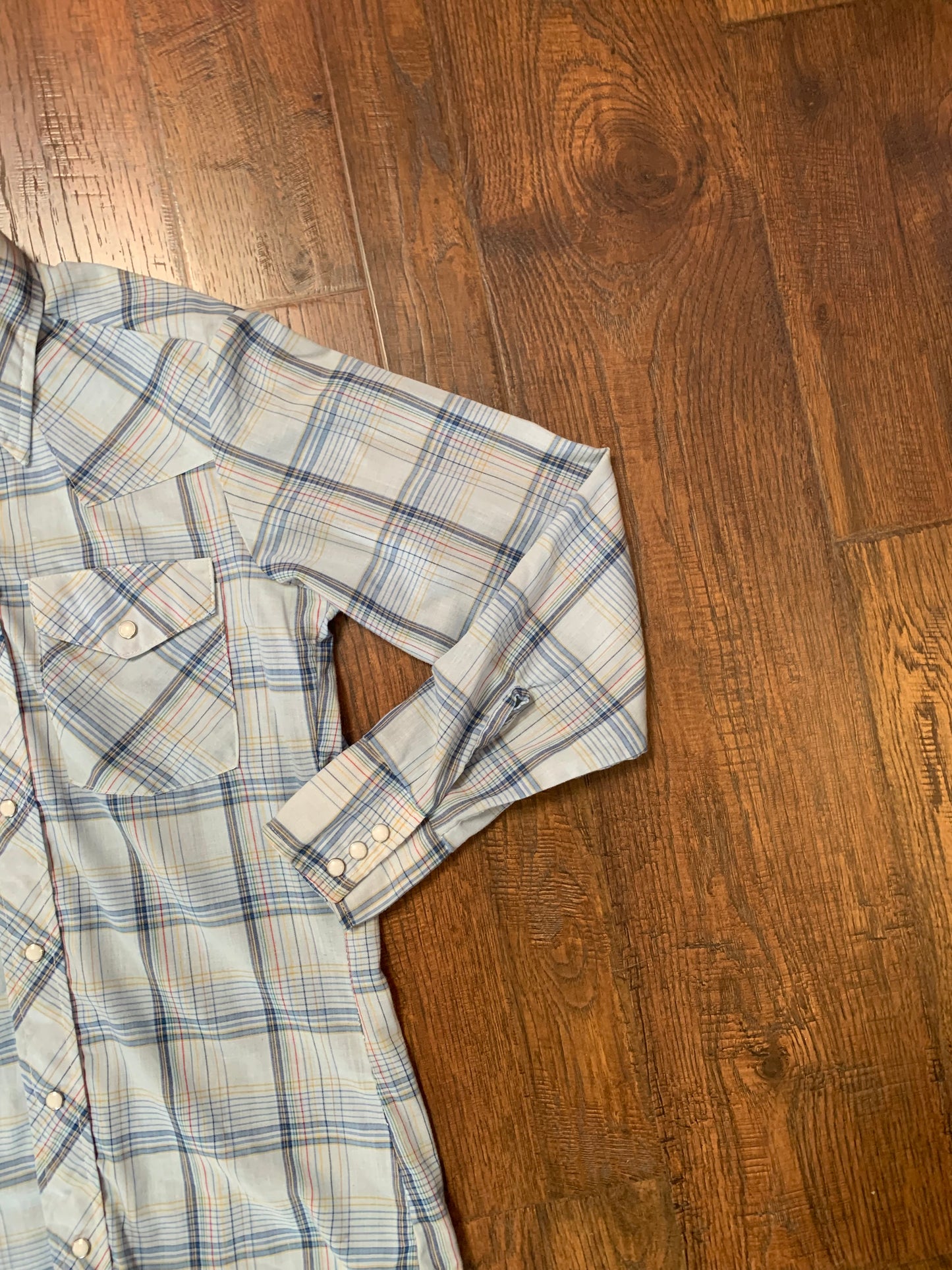 Vintage 1970s Mr. Leggs Pearl Snap Button Up Shirt - Light Blue Plaid - Small - Made In USA