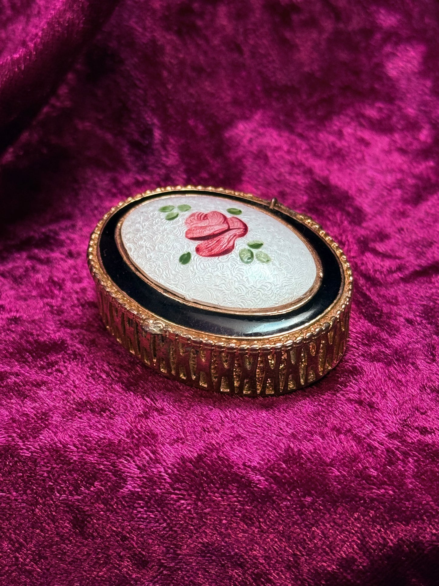 Vintage Trinket Box - Oval Pill / Snuff Box - Enamel Rose Bud - Gold Basket Weave Design
