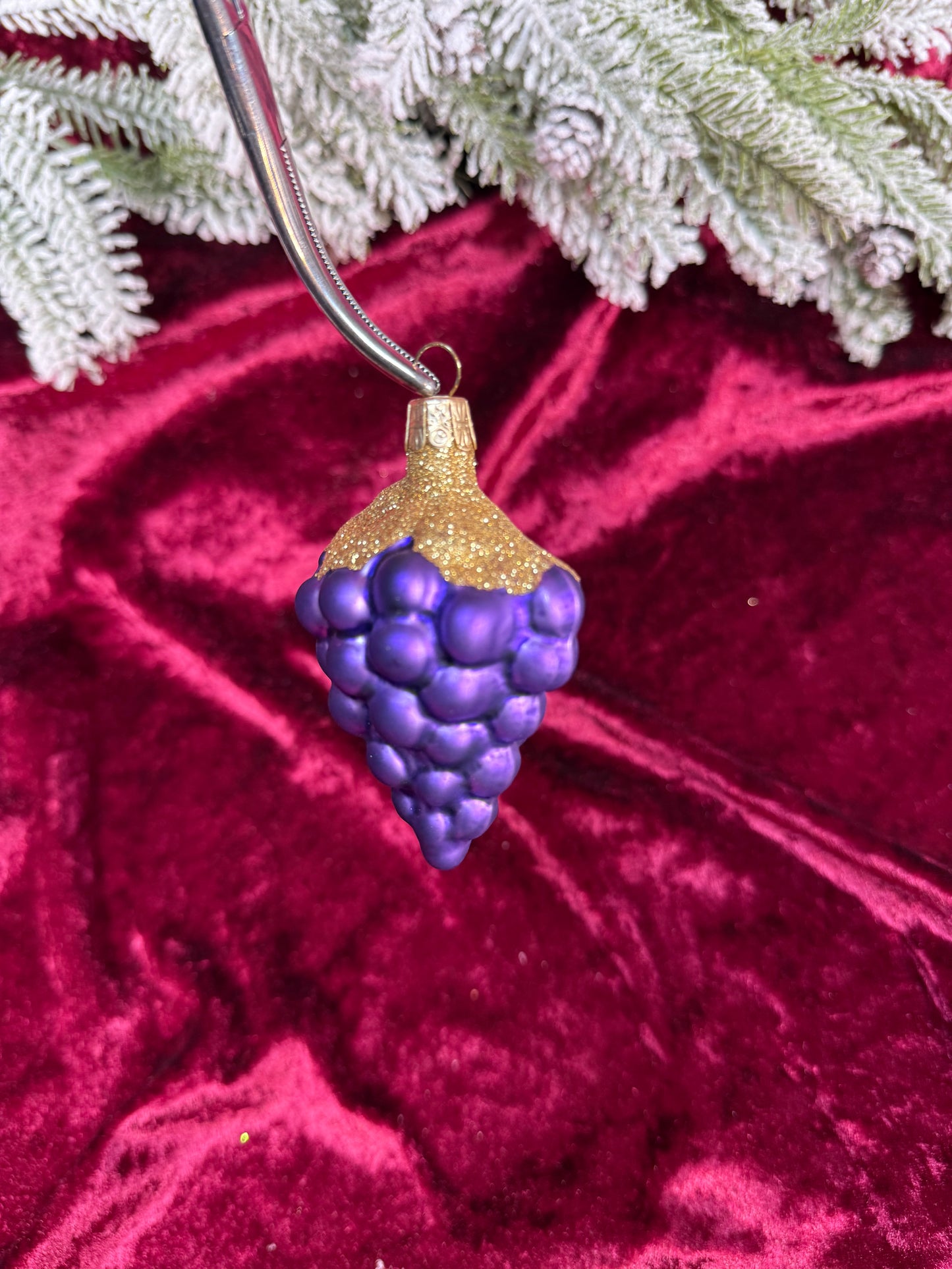 Vintage Christmas - Handblown Glass Ornament - Purple Grape Cluster with Gold Glitter